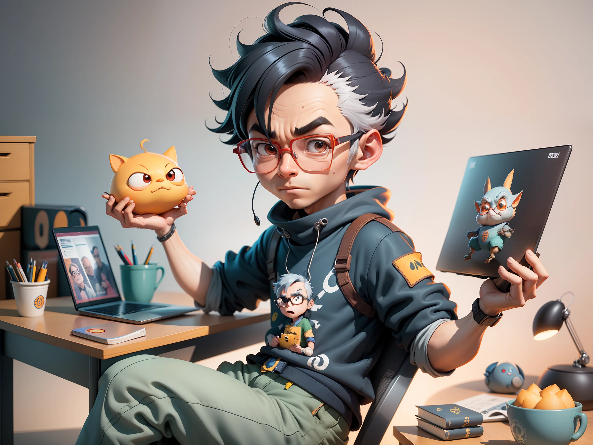 A young man with glasses sits at his desk,holding laptop,digitial painting,3D character design by Mark Clairen and Pixar and Hayao Miyazaki and Akira Toriyama,4K HD illustration,Very detailed facial features and cartoon-style visuals。