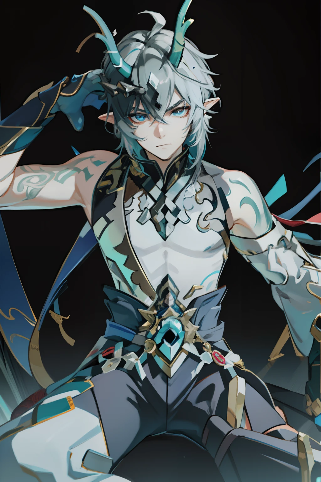 （absurderes，A high resolution，Hyper-detailing，hdr），Dragon's horn，（whaite hair）younge boy，tmasterpiece，best qualtiy，1人，独奏，Handsome，Golden eyes，Fine eyes and detailed face，toppless，Tattooed with，arma，seated on a throne，Indifferent and arrogant，Abs，chest muscle，Raised sexy，Ruffian，Show your temperament，Male，masculine appeal，Male characteristics are distinct，Long messy white hair，Arrogant，self-assured，Sitting majestically on the throne，Legs crossed，white pantie，supreme，Lazy，Handsome，