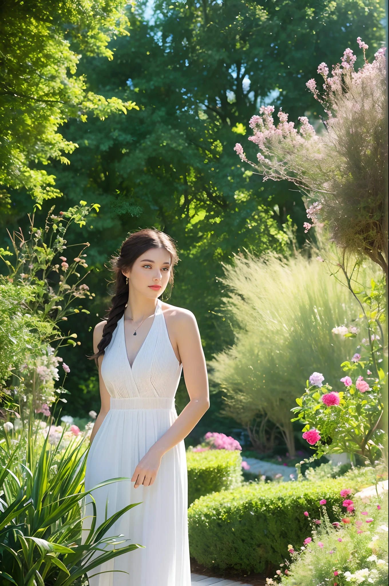 woman, view the viewer, French braided hair , flower halter dress, cleavage, Garden landscape design, (rim-light)