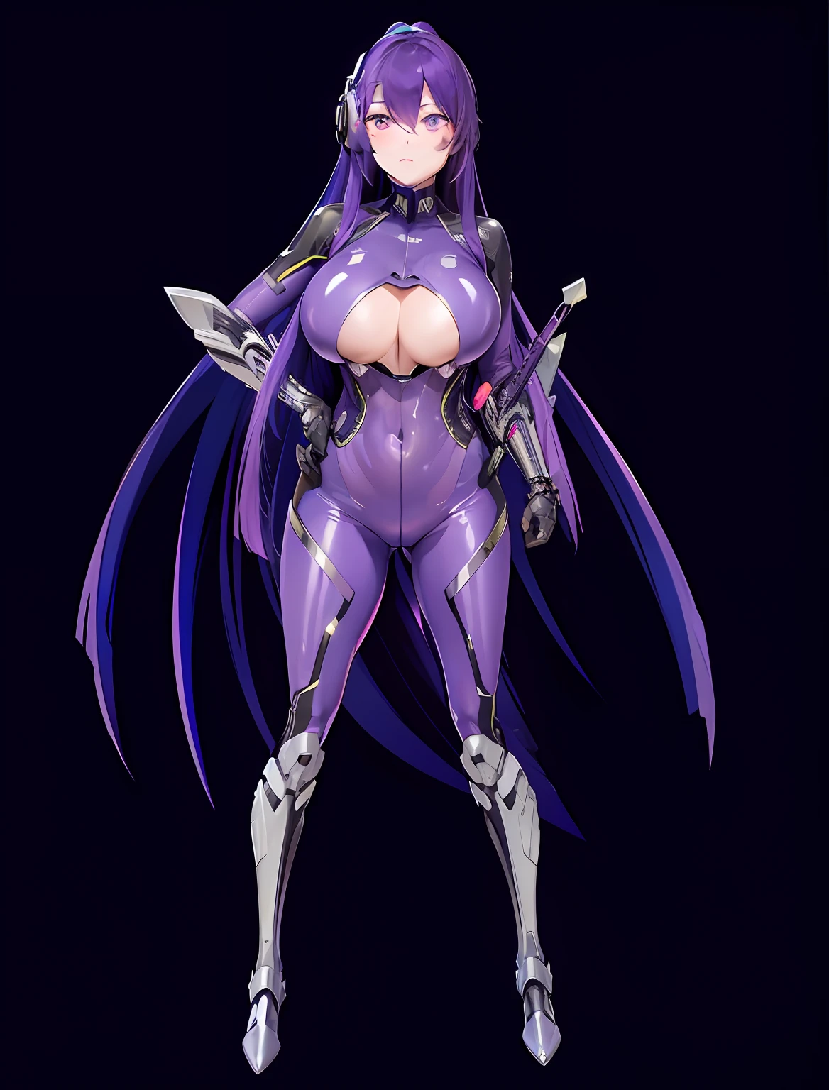 （akiyama rinko、Slender woman）, Purple transparent ???????? with emphasis on body lines, Female Solo, Full body ????????, Sit on a sparkling pink pipe, Mechanical chair, Plump ???????, exposed lower ?????, torpedo ????, Hart ???????, Blue-purple hair, Ponytail, The long-haired, straight haired, Tattoo of the lower abdomen, Thin laughter, Eyes glow purple, Taimanin suit, Put one hand on your ??????, Open your ??????, headphones, chastity belt, Glowing tube connected to chastity belt, Futuristic and inorganic background, hairs between eyes, Chain tied to the wrist,