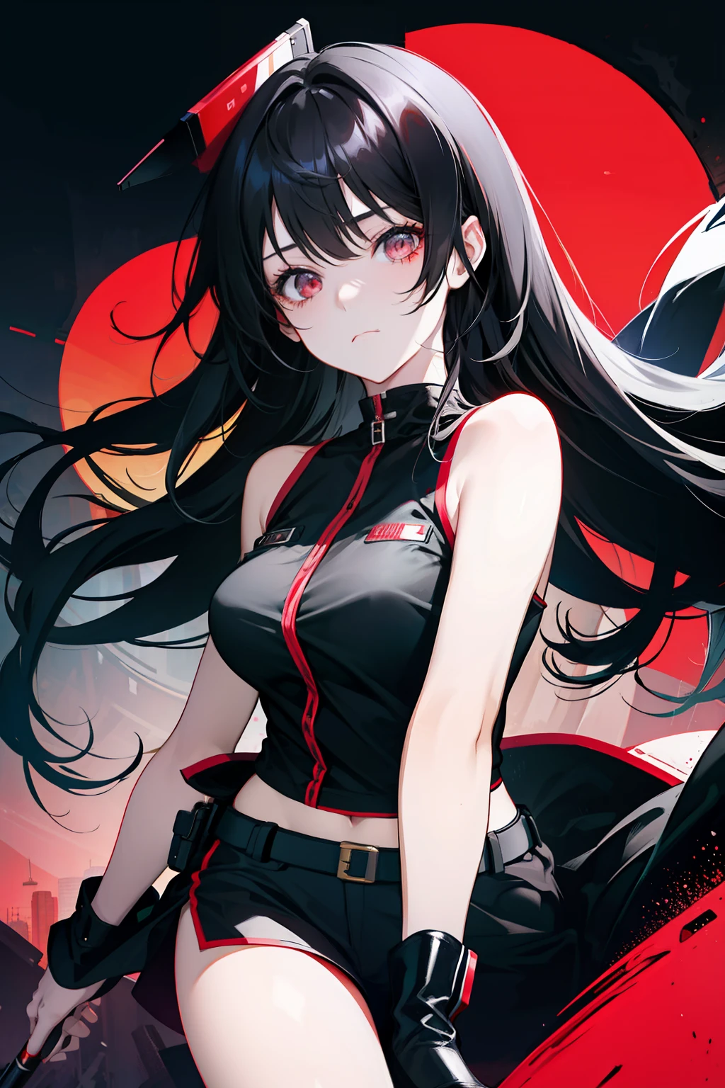 Solo, 1 girl, black hair girl, red light eyes, seductive and cute girl, modern city night, undercover cop