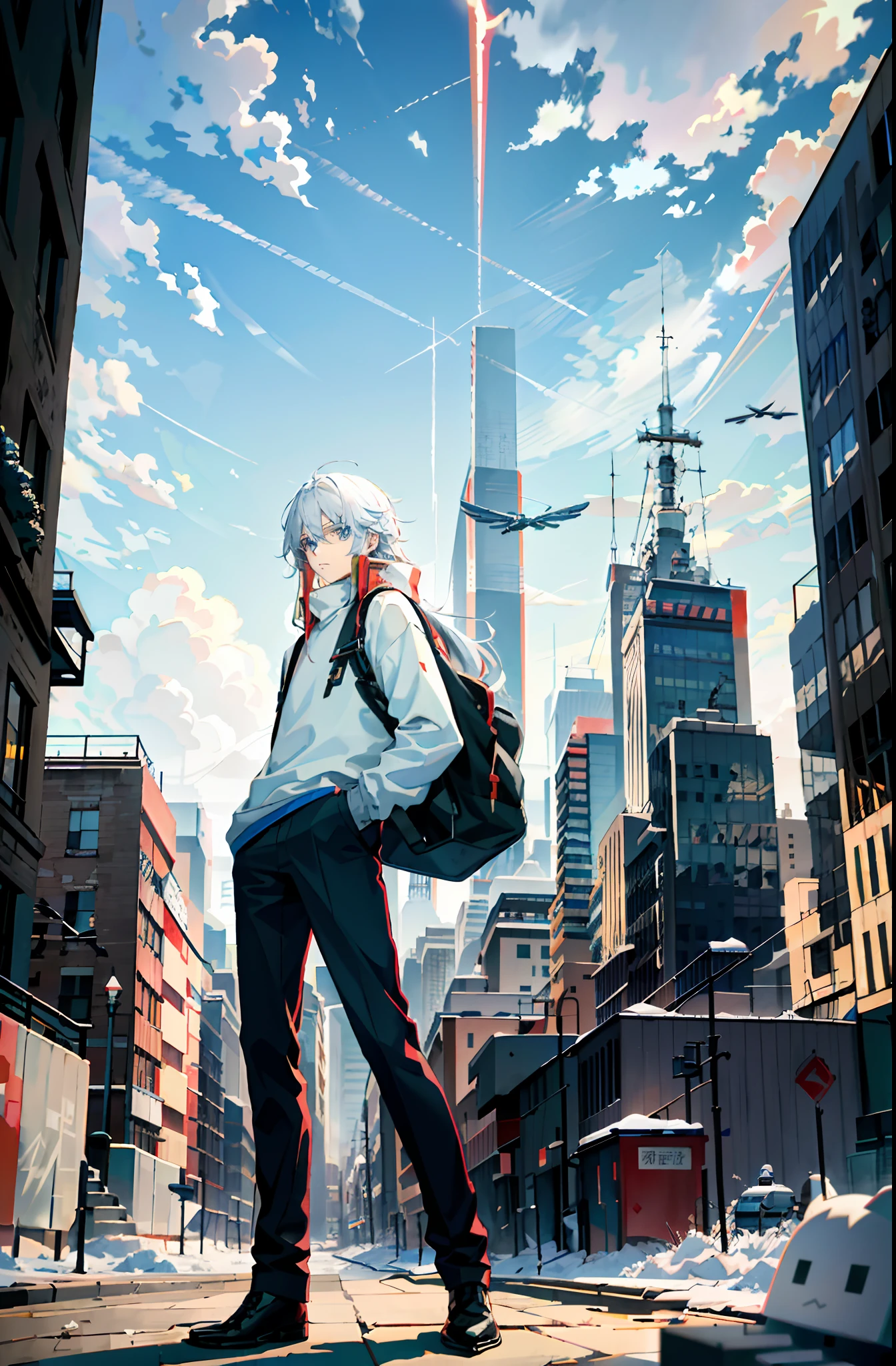 (best qualtiy,tmasterpiece),One has long white hair、Beautiful boy with blue eyes,Wear a sweatshirt、long trousers,Associated with socialism and communism,There are signs of hammers and sickles,Red sky and floating clouds,A robot,buildings,scifi style,view over city,Surreal painting style