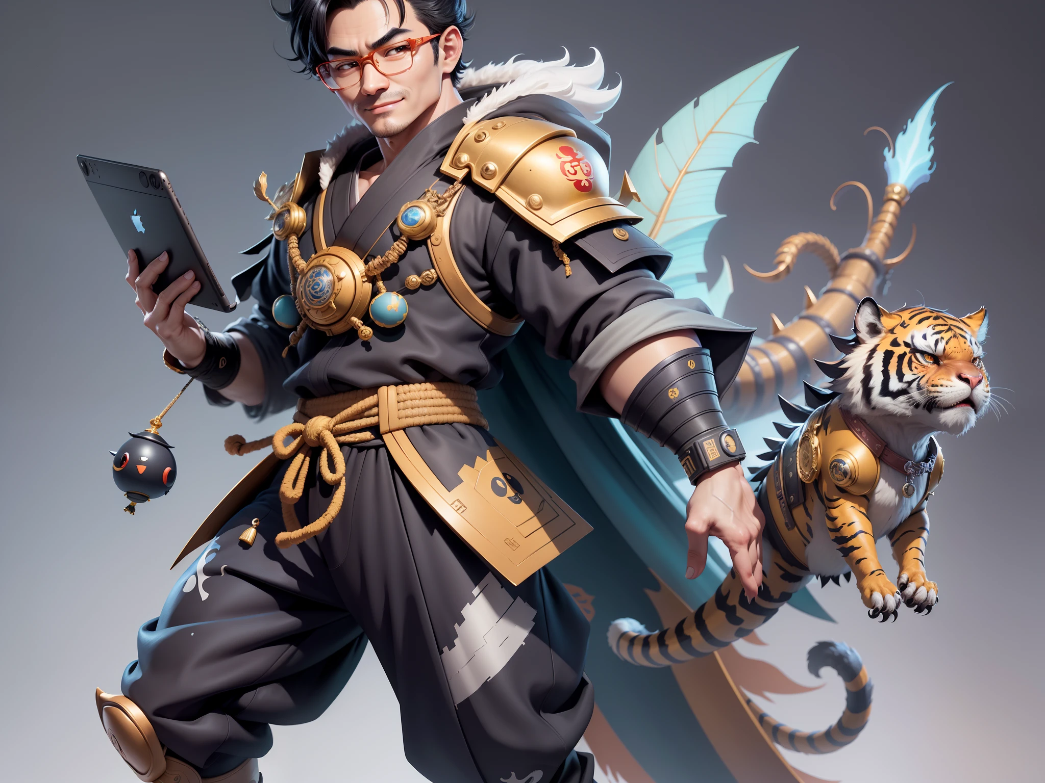 (Masterpiece), (Excellent), (Super Meticulous), (Full Body: 1.2), Super Young Man with Japanese Female Geisha, Pretty, Beautiful, Chinese Dragon, Tiger, Wind God Thor, Sexy, Bursting, Oriental Face, TV Anchor, Bust Portrait Illustration, Black Suit, Blue Tie, Slightly Chubby Face, Silver Glasses, Very Clean Face, No Beard on Chin, Black Super Short Hair, Black Eyes, Confident Smile, 3c Computer Sub-Products, iPad, iPhone, Digital Painting, 3D character design by Mark Clairedon and Pixar and Hayao Miyazaki and Akira Toriyama, the illustrations are HD illustrations in 4K resolution with highly detailed facial features and cartoon-style visuals.