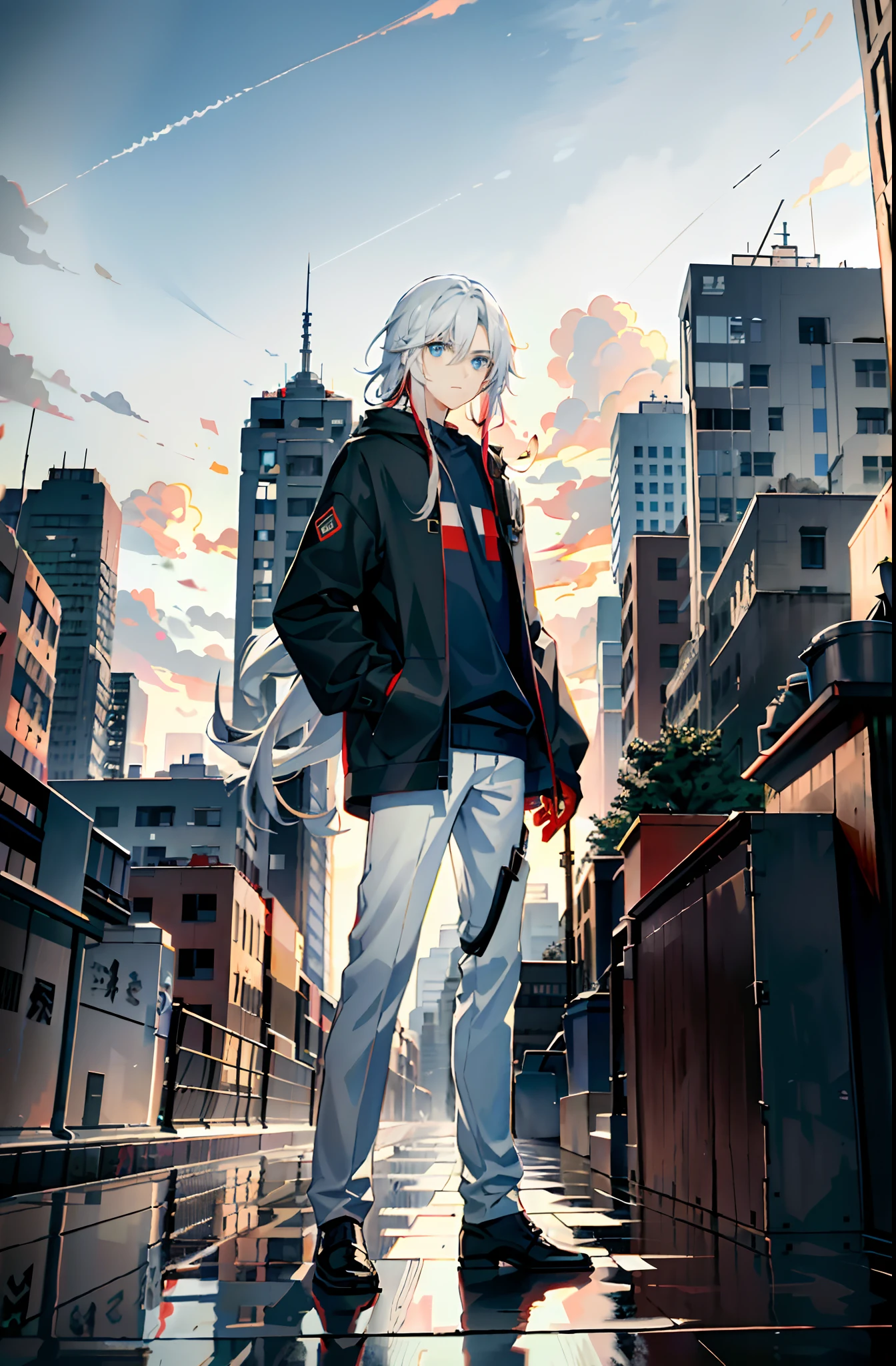 (best qualtiy,tmasterpiece),One has long white hair、Beautiful boy with blue eyes,Wear a sweatshirt、long trousers,Associated with socialism and communism,There are signs of hammers and sickles,Red sky and floating clouds,A robot,buildings,scifi style,view over city,Surreal painting style