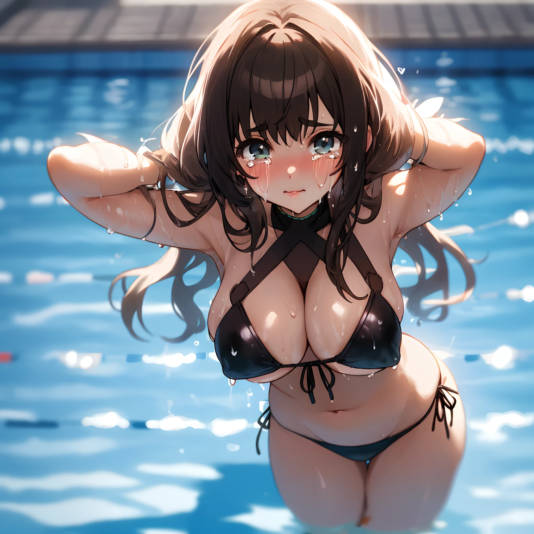 A dark-haired、Crying、The long-haired、light skinned、huge tit、thick thight、maikurobikini、Pose with arms close to chest、s lips、in poolside、glamor、Heart eye、Constriction、Get wet、seductiv、Upbeat cheeks、stick out buttocks