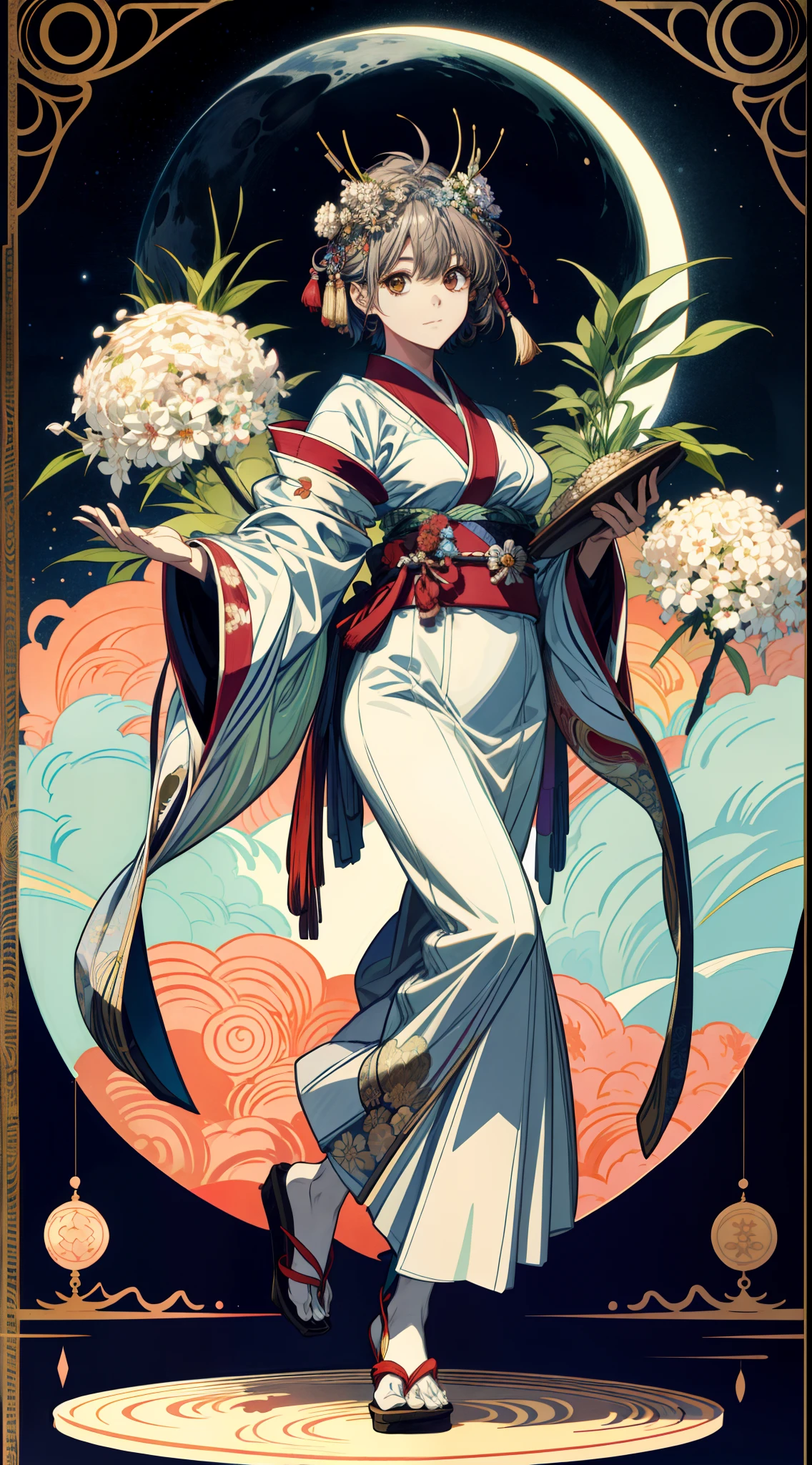 (absurderes、hight resolution、ultra-detailliert)、独奏、femele、wearing kimonos、Playing Japanese taiko、Wearing a rice cake on the head、Wear Exposure、full body Esbian、Bold poses、large full breasts、cabelos preto e longos、Brown eyes、Festival decorations、Victorian style、a matural female、A detailed face、hut\Tarot Cards\、stele、Sateen、a moon、Symbolism、Visual Arts、occult、Visual Projection、pop music、art by、Alphonse Mucha、