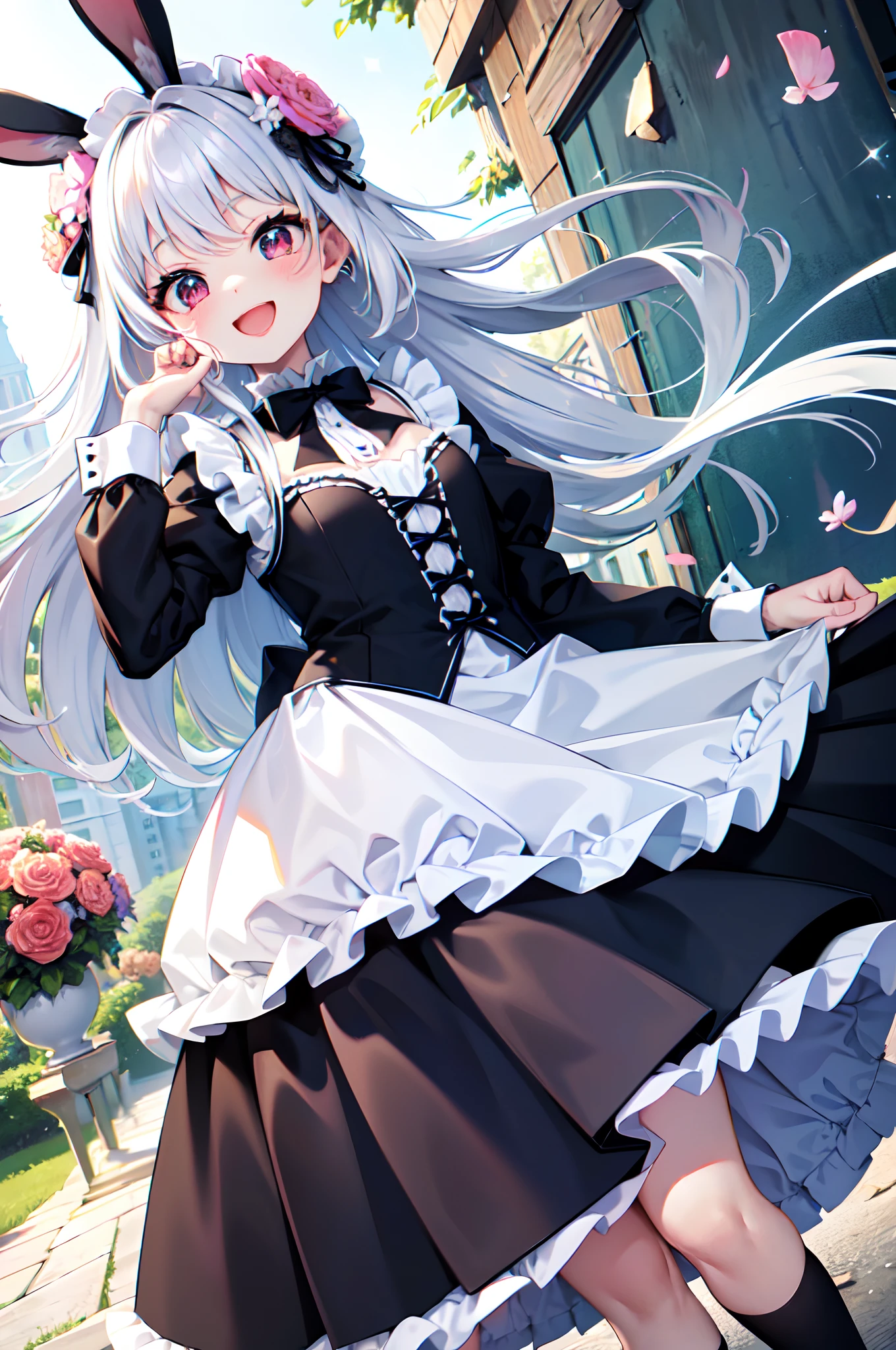 Highest Quality, masterpiece, unbelievably beautiful, very delicate 8k wallpaper, Transcendently Beautiful Girl, (red eyes:1.1), (masterpiece face, masterpiece eyes:1.3), BREAK, (white gal), (white skin), (long silver Hair), BREAK, Flat_Chest, (Open your mouth and laugh smile:1.5), long eyelashes, makeup, BREAK, maid outfit with frills, rabbit ears, BREAK, (Five Fingers, 4fingers and 1thumb), flower garden, many flowers, outdoors, daytime,
