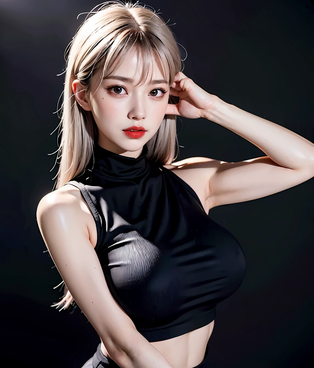 Lisa light yellow long hair, Lisa face shape, black bottom vest, sexy, bare waist, bare shoulders, black yoga pants, long legs, background gray, masterpiece, superlative, realistic, HD, photography lighting, 16k