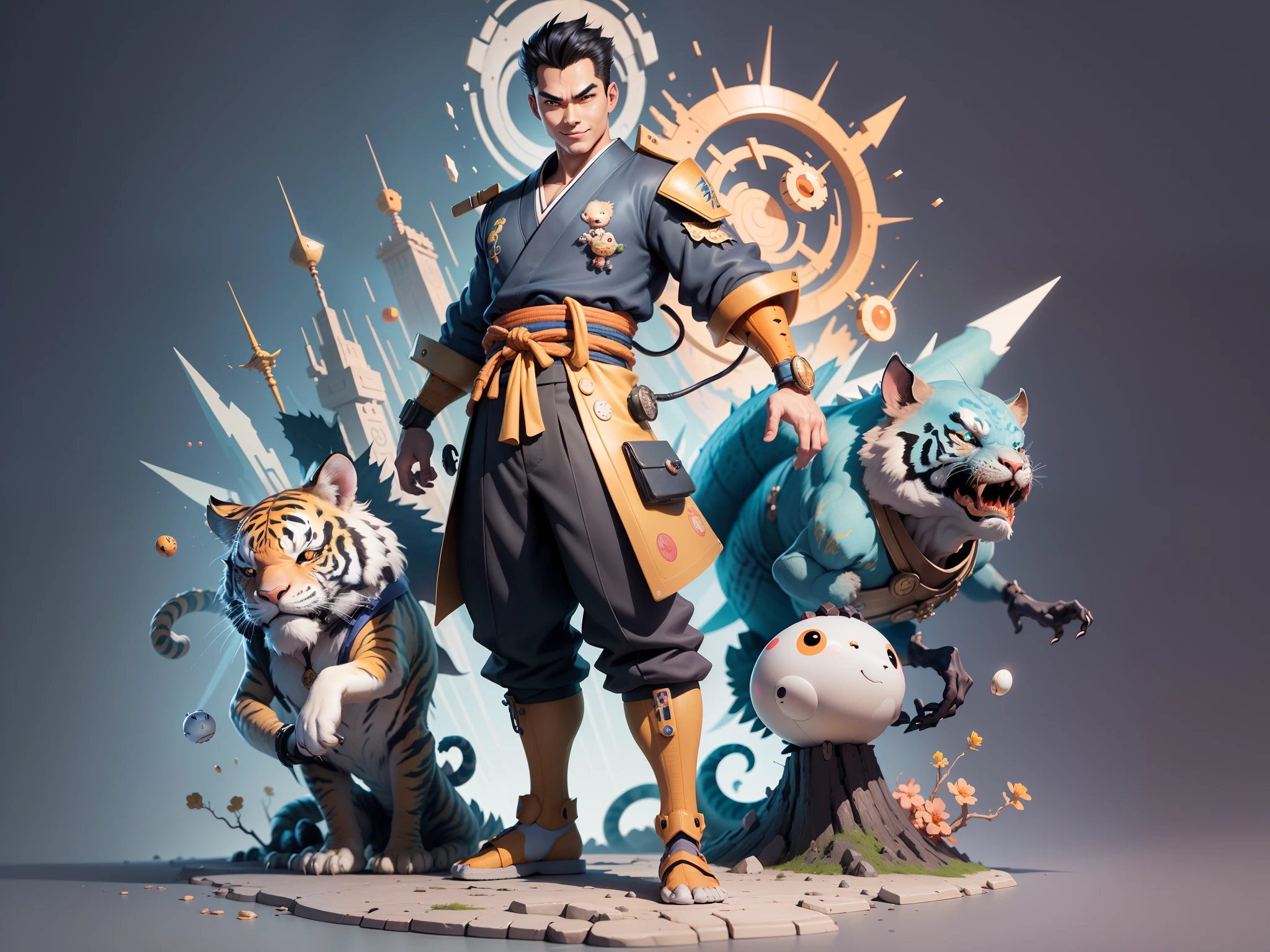 (Masterpiece), (Excellent), (Super Meticulous), (Full Body: 1.2), Super Young Man, Oriental Face, Japanese Kimono, Japanese Wind Thunder God, Dragon, Tiger, TV Anchor, Bust Portrait Illustration, Alone, Black Suit, Blue Tie, Slightly Chubby Face, Very Clean Face, No Beard, Black Super Short Hair, Black Eyes, Confident Smile, 3c Computer Sub-Products, iPad, iPhone, Digital Painting, 3D Character Design by Akira Toriyama and Mark Claireden and Pixar and Hayao Miyazaki, The illustration is a high-definition illustration in 4K resolution with very detailed facial features and cartoon-style visuals.