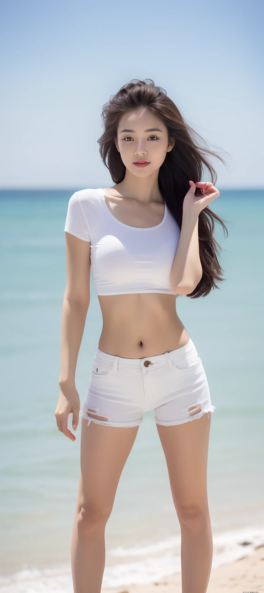 Asian woman by the sea，sexy for，naked leg，White panties，Skinny leaky T-shirt，2 2 years old，thicc，She was about 26 years old，Height 170 cm，korean people，Delicate face，realisticlying，goddes，very Bigger breasts