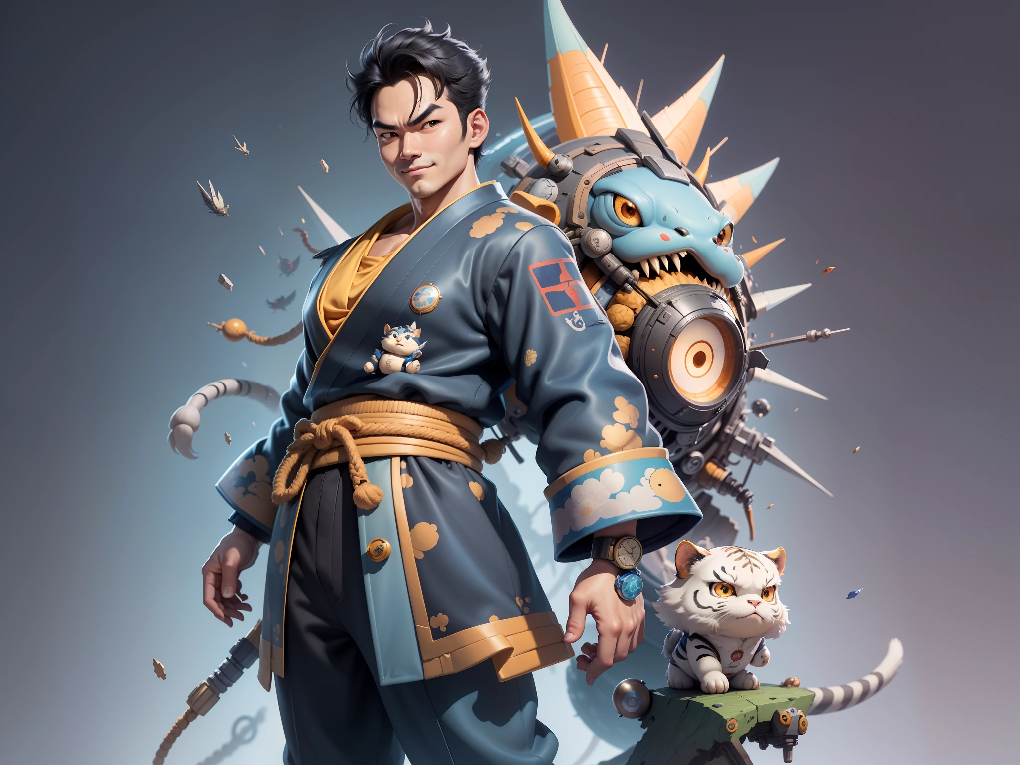 (Masterpiece), (Excellent), (Super Meticulous), (Full Body: 1.2), Super Young Man, Oriental Face, Japanese Kimono, Japanese Wind Thunder God, Dragon, Tiger, TV Anchor, Bust Portrait Illustration, Alone, Black Suit, Blue Tie, Slightly Chubby Face, Very Clean Face, No Beard, Black Super Short Hair, Black Eyes, Confident Smile, 3c Computer Sub-Products, iPad, iPhone, Digital Painting, 3D Character Design by Akira Toriyama and Mark Claireden and Pixar and Hayao Miyazaki, The illustration is a high-definition illustration in 4K resolution with very detailed facial features and cartoon-style visuals.