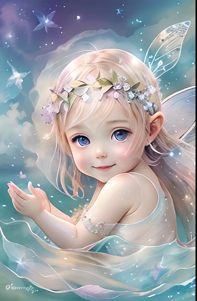 Beautiful fairy with a sense of transparency、Beautiful sparkling ocean、Transparent feathers、kindly smile、Summer background、Gentle and transparent fairy、Watercolor Paint、