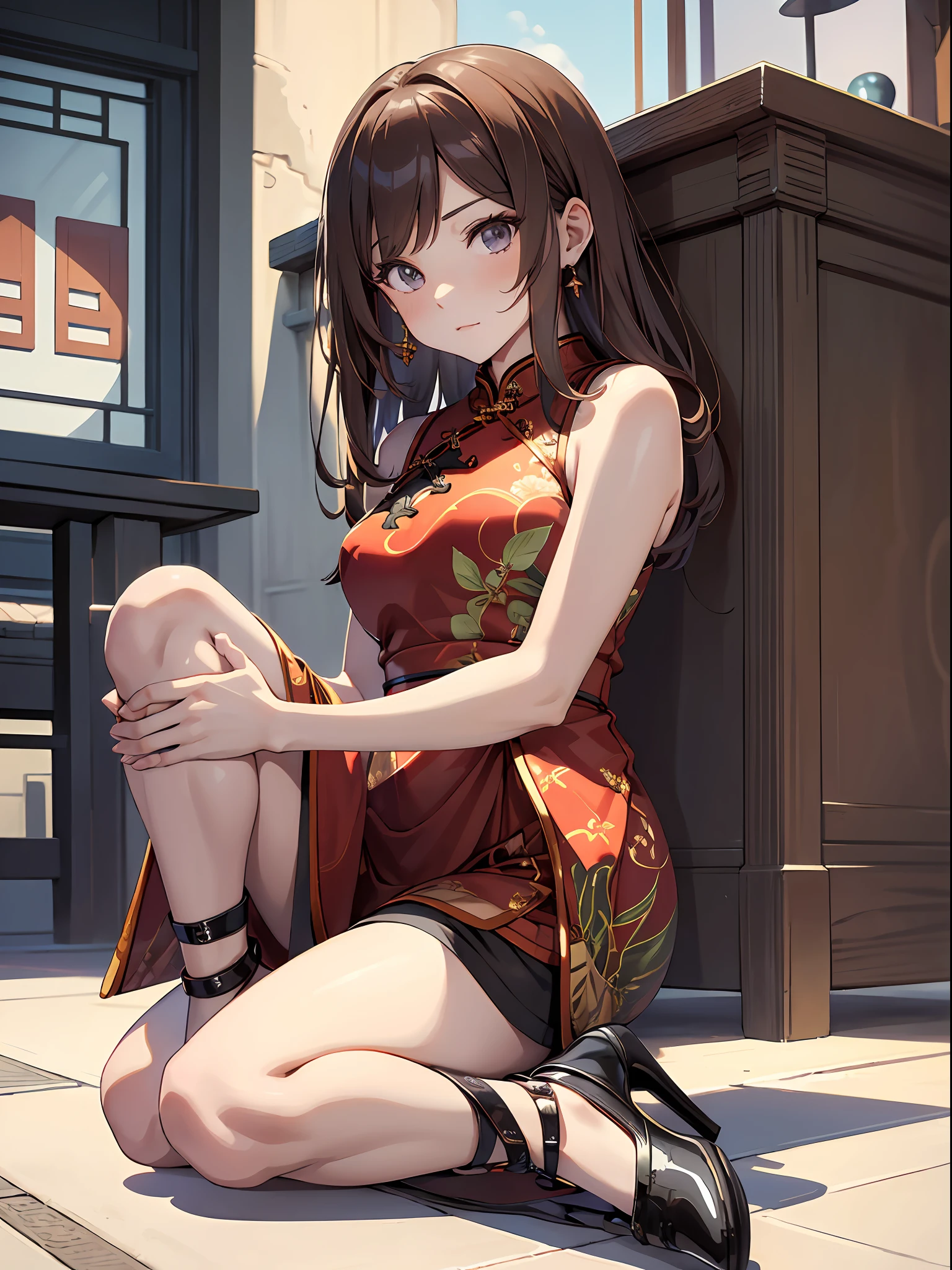 best quality, masterpiece, ultimate resolution, brown-haired semi-long, downy, highly colorful, cheongsam beauty, a milf, red sleeveless mini cheongsam, kneeling pose, (anime girl sitting on the ground with her legs crossed), pointing at you in the ass), collar, anklets, high-heels, high-heels, correct posture,