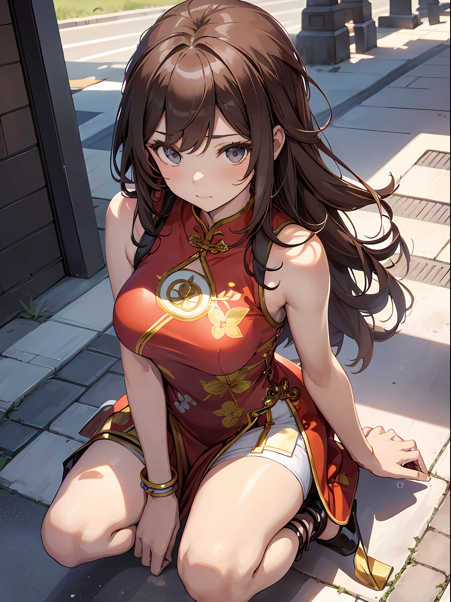 1girl, solo, henrietta (zankuro), skull hair ornament, twintails, red eyes, brown hair, long hair, small breasts, china dress, smile, half-closed eyes, looking at viewer, facing viewer, outdoors, (best quality), (detailed), soft shadows, illustration, 4k, thigh,sweating,grin