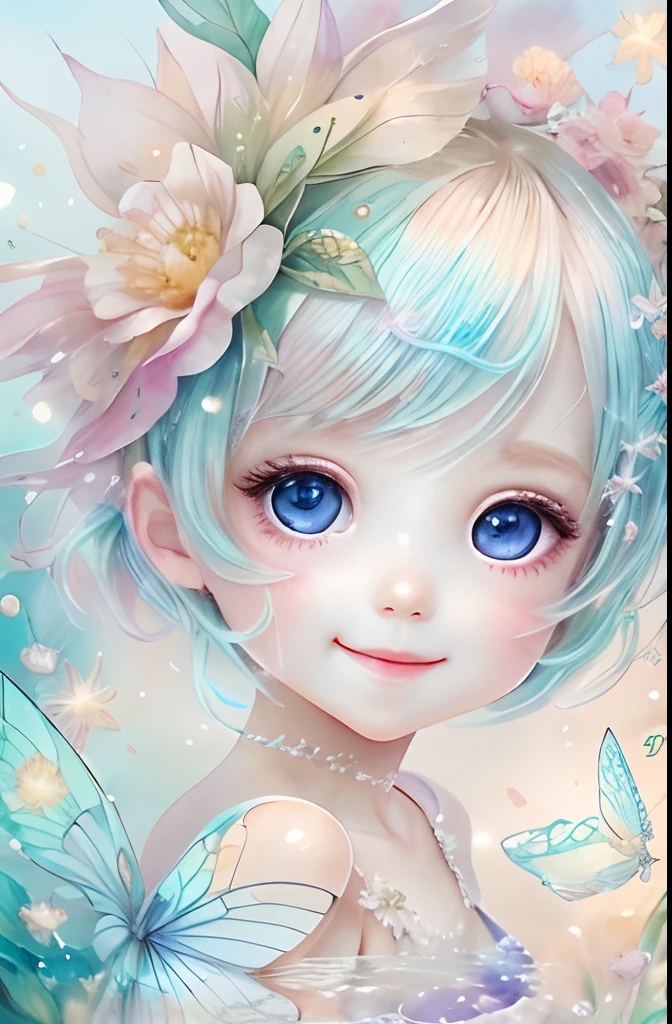 Beautiful fairy with a sense of transparency､Beautiful sparkling ocean、Transparent feathers､kindly smile､Summer background､Gentle and transparent fairy､Watercolor Paint､