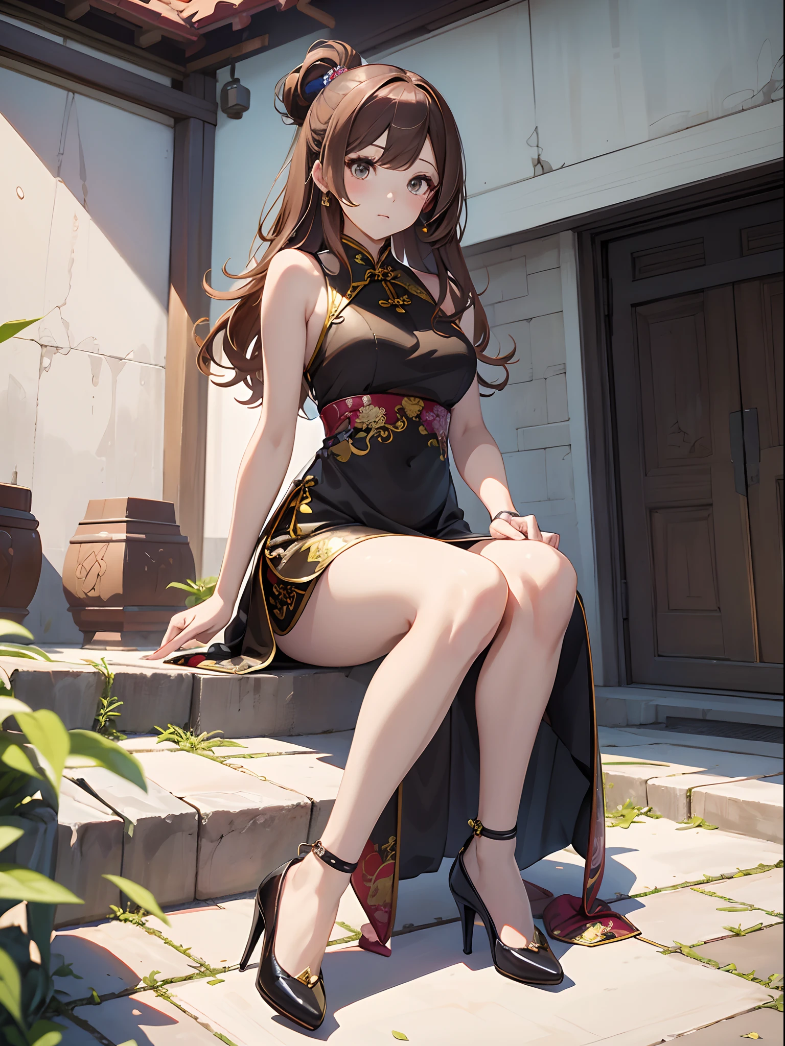 best qualtiy，tmasterpiece，Ultimate Resolution，Brown-haired semi-long、downy，highly colorful，Cheongsam beauty，A MILF，Sleeveless Mini Cheongsam，Kneeling Pose，（(anime girl sitting on the ground with her legs crossed)），Collar，anklets，high-heels，high-heels，Correct posture、