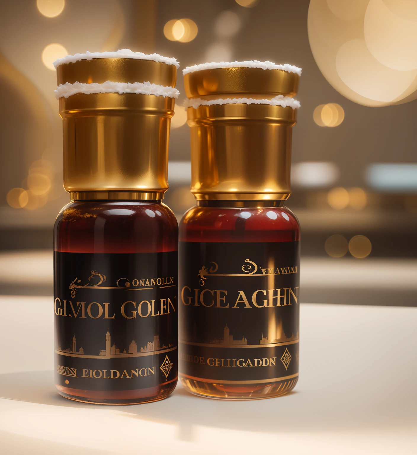 "Elegant and luxurious, a single bottle shining against a mesmerizing golden background."