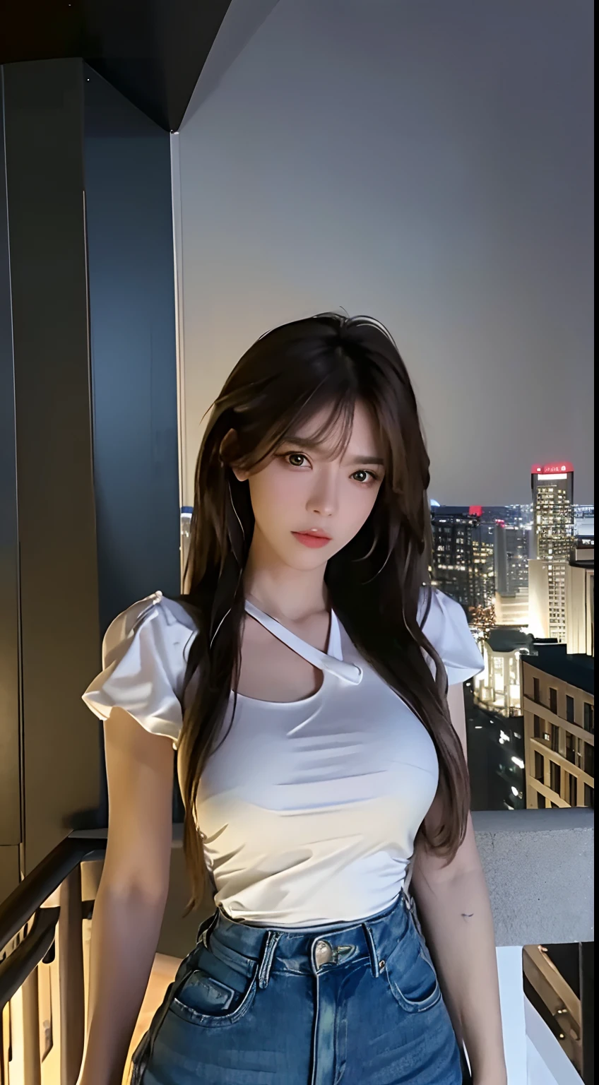 ((Midnight, Best quality, 8k, Masterpiece :1.3)), Whole body, Long legs, Sharp focus :1.2, A pretty woman with perfect figure :1.4, Slender abs :1.1, ((Dark brown hair, Big breasts :1.2)), (White tight tshirt, Jean bib, Standing:1.2), ((Night city view, Rooftop:1.3)), Highly detailed face and skin texture, Detailed eyes, Double eyelid