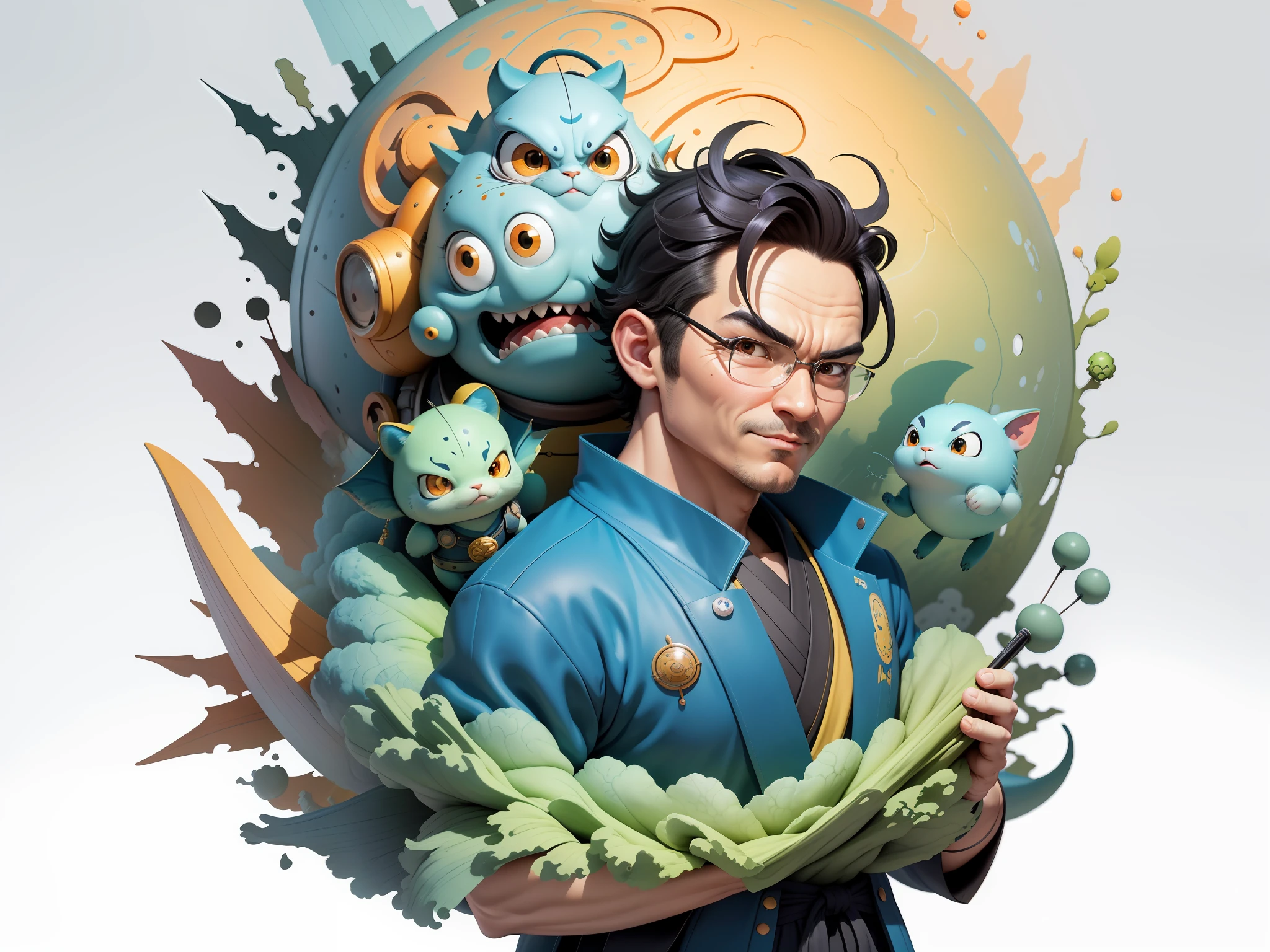 Young man with oriental face in leather hat, dragon, formal suit, short black hair, silver glasses, digital painting, 3D character design by Mark Clairedon and Pixar and Hayao Miyazaki and Akira Toriyama, the illustration is a high-definition illustration in 4K resolution with very detailed facial features and cartoon-style visuals.