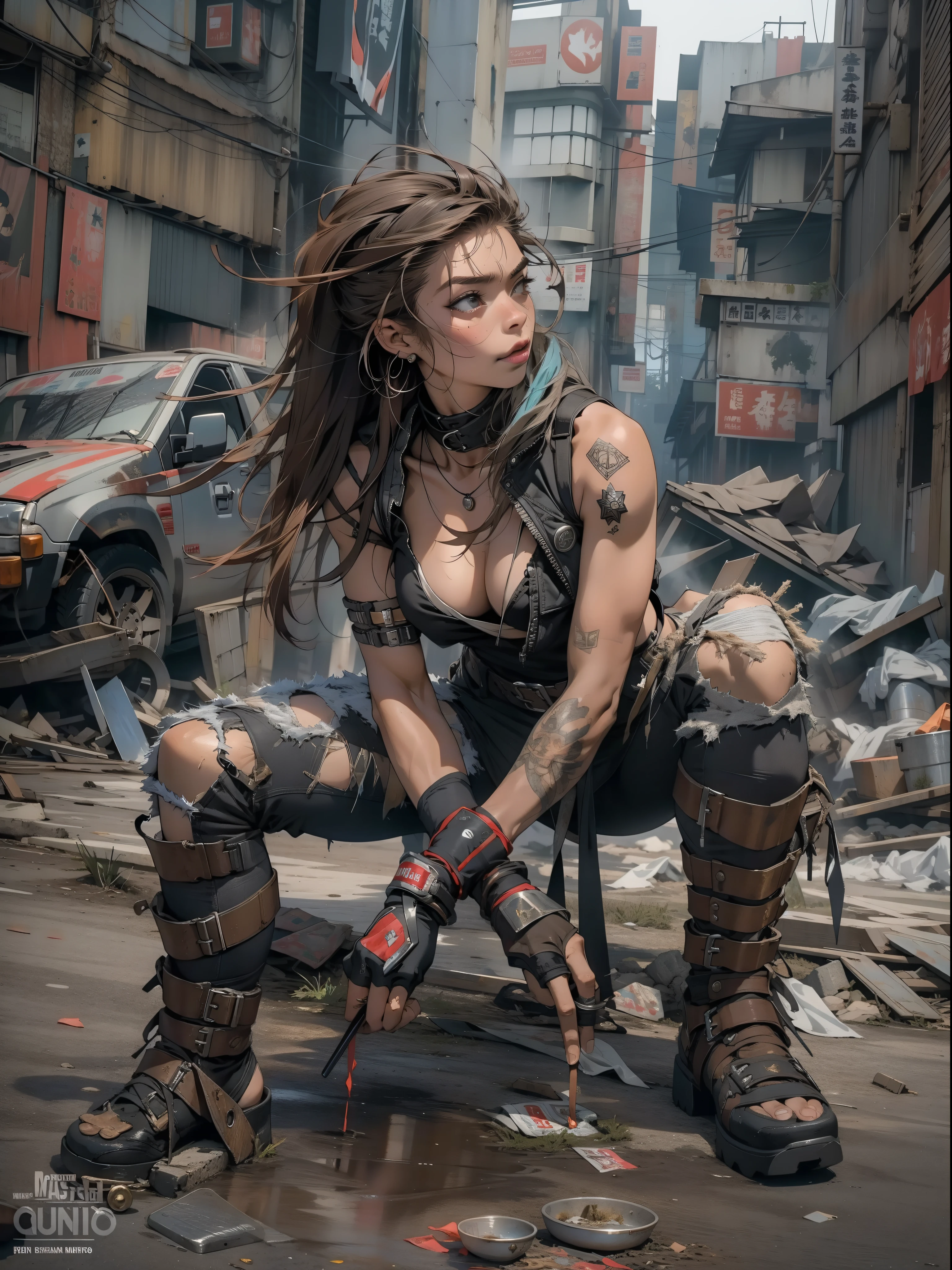 Nijistyle, (((female))), (((best quality))), (((master part))), (((adulto))), A post-apocalyptic barbaric floss in a post-apocalyptic world, hand with steel gloves and metal tips, pele limpa, (( estrelas sob os peitos )), (( Tiny floss )), quase nua, Estilo Simon Bisley para uma capa de quadrinhos do Brooklyn Gladiator, pose sensual, Seminuas, quase sem roupa, Destroyed clothing, correntes e estrelas de metal, ( best quality), (Absurdo), corpo perfeito, cena sexy, moicano colorido, Background with a destroyed city