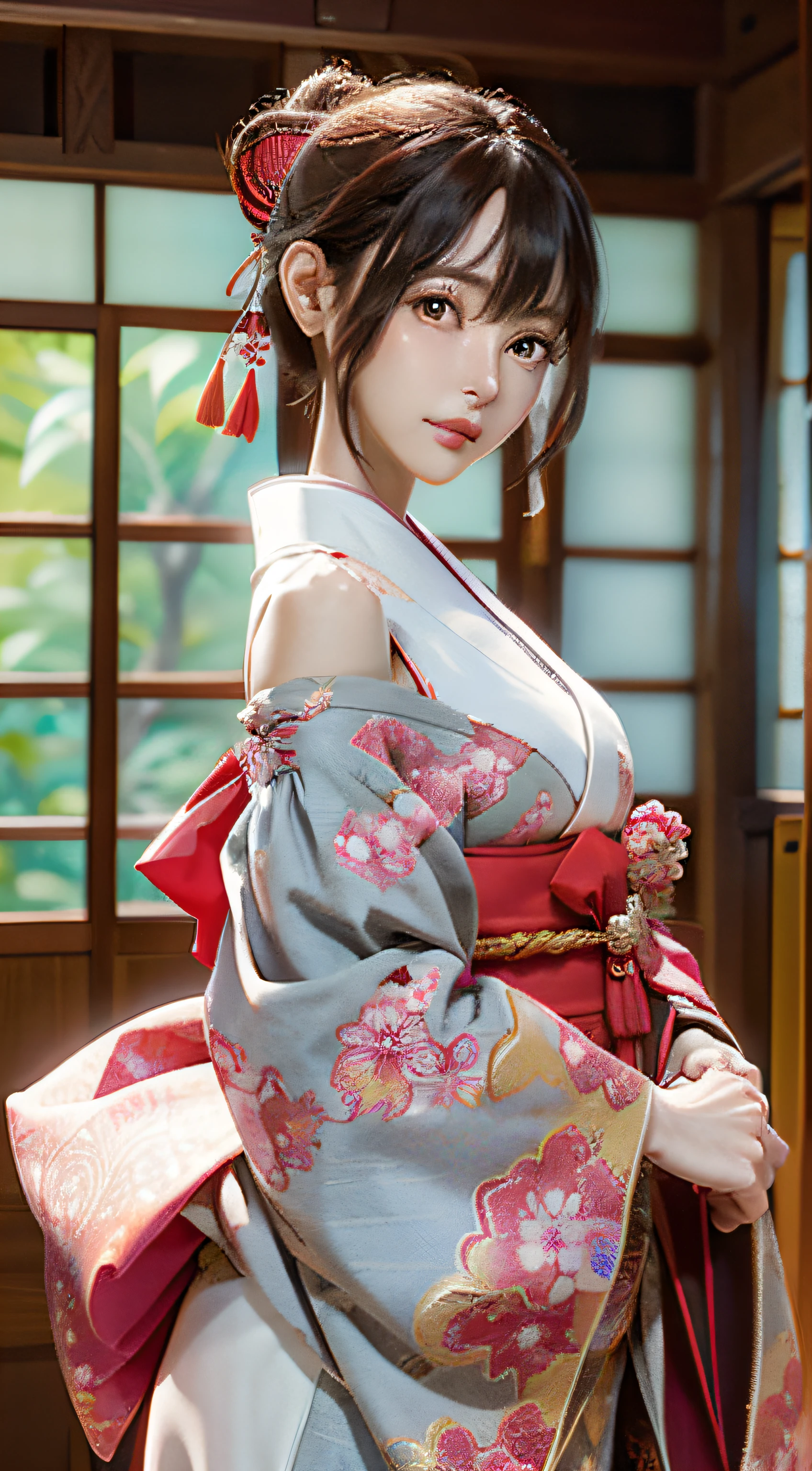 Official art, 统一 8k 壁纸, ultra-detailliert, Beautifully Aesthetic, masterpiece, top-quality, (Zentangle, Tangles, Entanglement), (Fractal Art: 1.4), 1girl in, A dark-haired, japanse, bare shoulders, a short skirt, Calf, ighly detailed, dynamic ungle, cowboy shot, (The most beautiful forms of chaos), A flowing, (bright colour), nffsw, (half: 1.2), japanese-inspired, (Tanka Flying Sky: 1.5), (bow ribbon: 1.3), (Dreams: 1.5), (A Japanese style: 1.5), Japan Phoenix、(A smile:0.5)、(japanese god)、