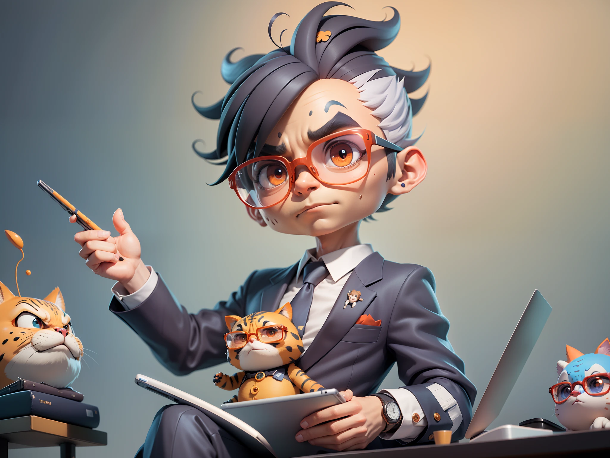 A young man in a suit, Short hair and glasses sat at his desk，holding laptop，digitial painting，tigre，3D character design by Mark Clairen and Pixar and Hayao Miyazaki and Akira Toriyama，4K HD illustration，Very detailed facial features and cartoon-style visuals。