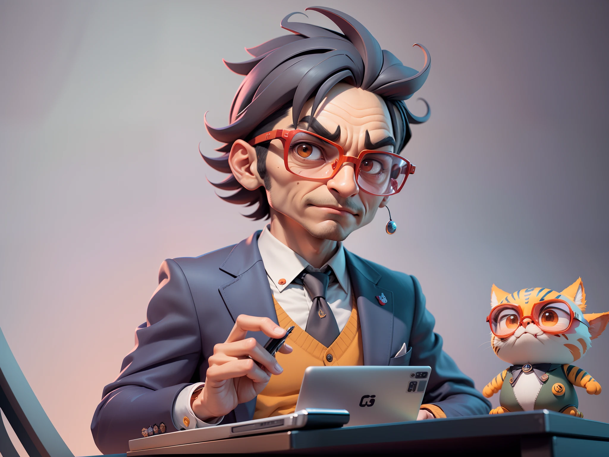A young man in a suit, Short hair and glasses sat at his desk，holding laptop，digitial painting，tigre，3D character design by Mark Clairen and Pixar and Hayao Miyazaki and Akira Toriyama，4K HD illustration，Very detailed facial features and cartoon-style visuals。