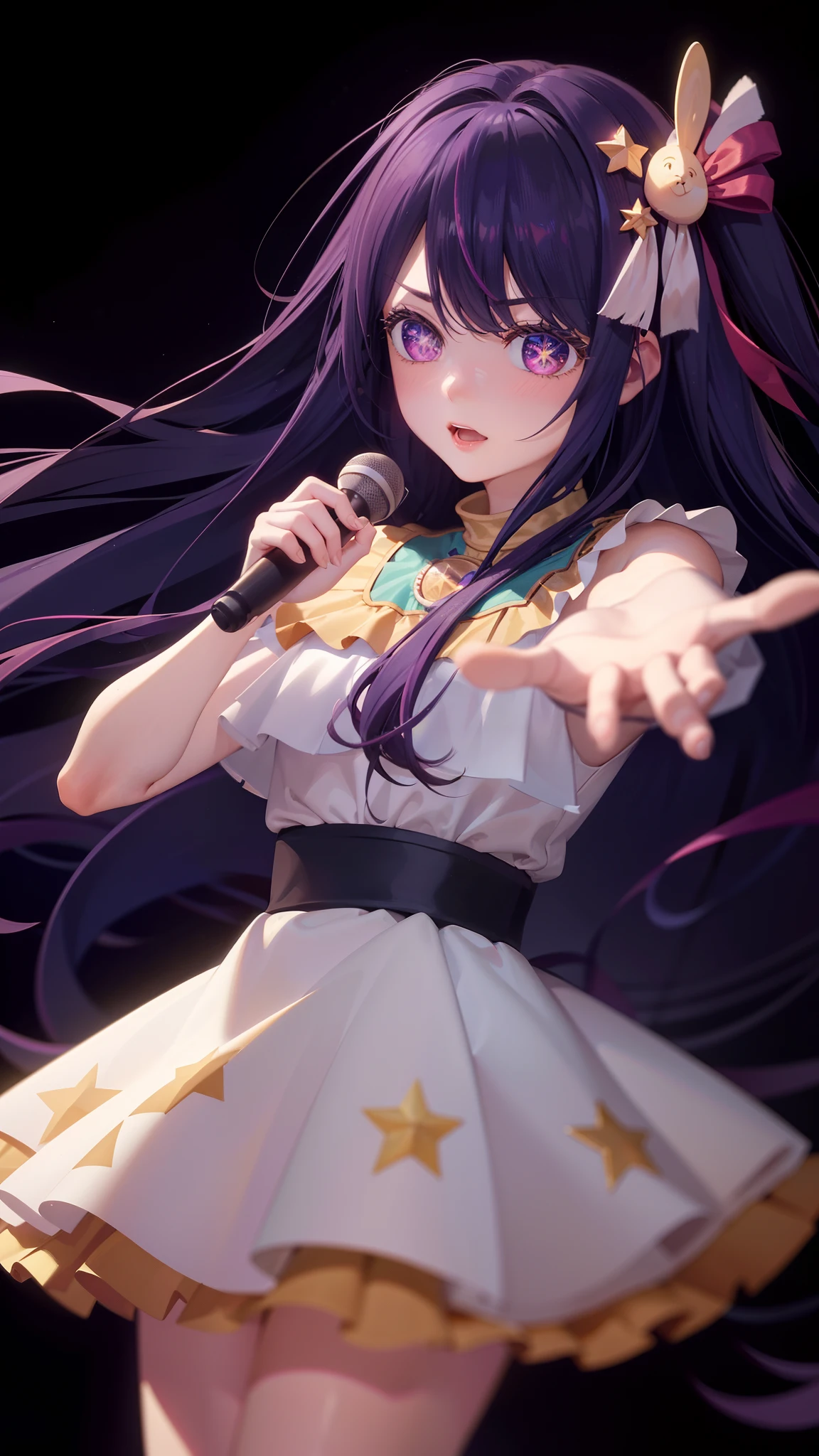 （Master masterpieces，high qulity，Very detailed，Perfect artwork，CG），Defocused,The art of paper，illustration，star_light background,Hoshino Ai, long hair, purple hair, streaked hair ,purple eyes, star-shaped pupils, hair ornament，microphones，Sing affectionately