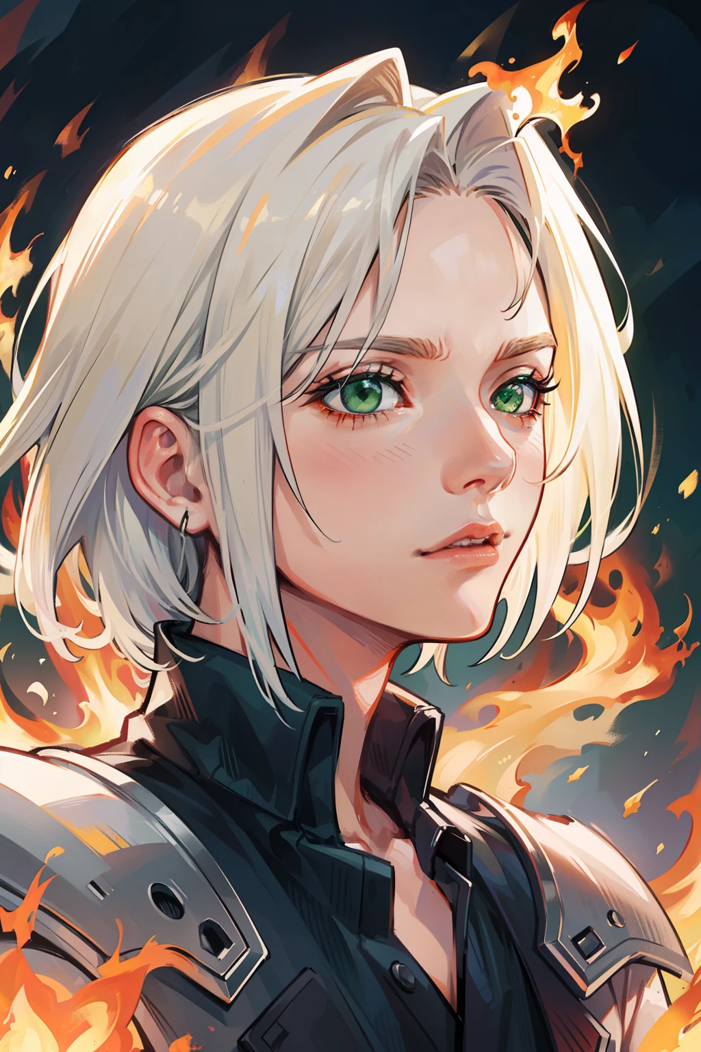 (masterpiece), best quality, detailed hair detailed face, ultra high res, sharp focus, ((****ung man, solo)), perfect handsome face, masculine look, close up, shoulder view, (look away), (in the burning place:1.3), surrounded in fire, Sephiroth from Final Fantasy, silver white hair, (short hair:1.4), ((perfect shape eyes, green eyes))