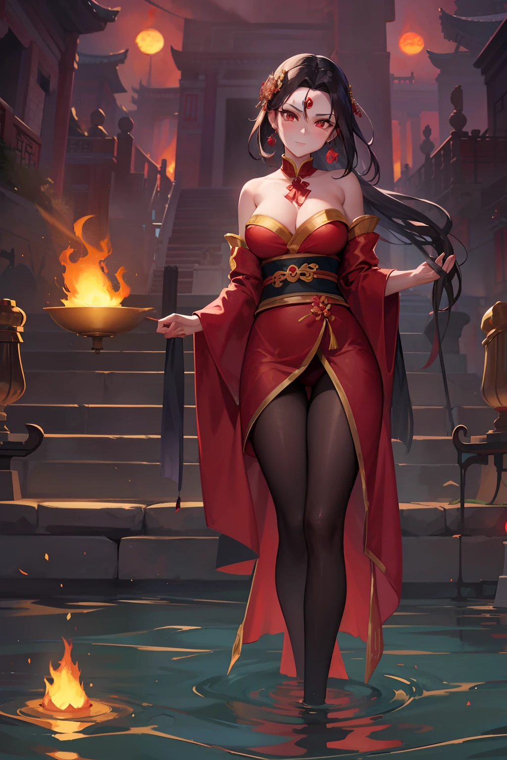 princess azula, evening, sunset, looking at viewer, cleavage, red satin robes, clothed bathing, girl floating above the water, palace, temple, fire, lava, red glowing, smug face,