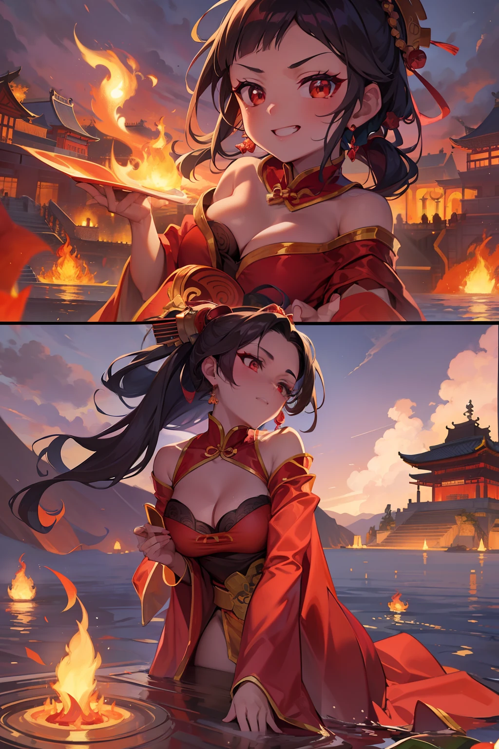 princess azula, evening, sunset, looking at viewer, cleavage, red satin robes, clothed bathing, girl floating above the water, palace, temple, fire, lava, red glowing, smug face,
