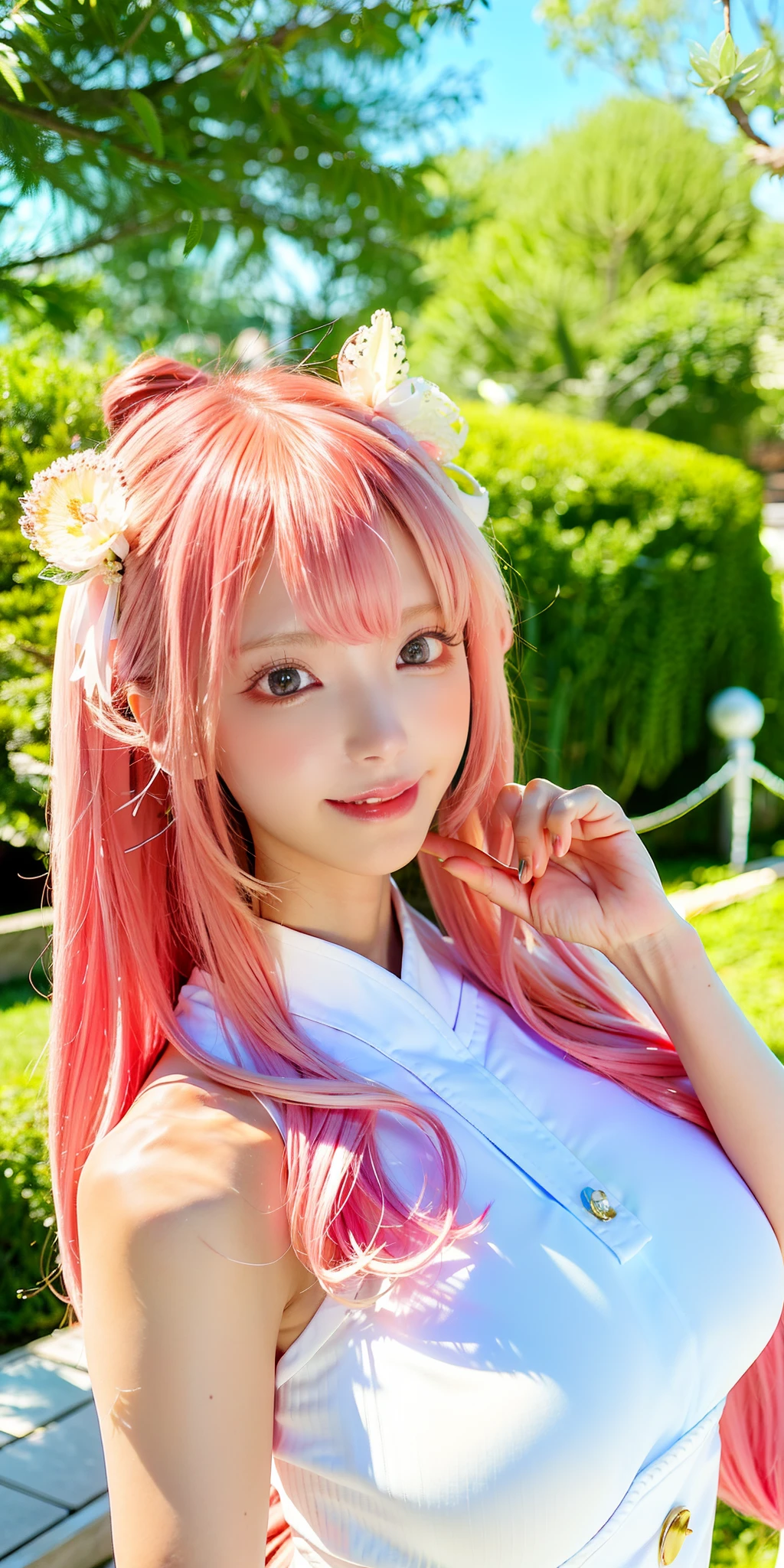 (8K, 4K, Best quality, A high resolution:1.2), (marsterpiece, Realistic, photograph realistic:1.37), 1girll, Solo, Beautiful face, eyeslashes, nase, Glossy lips, (Detailed eyes, view the viewer, Fair skin, White skin:1.5), fine complexion, Upper body,
Large breasts, Busty, , (:1.5),
Outdoor onsen,
two sides up, Absurdly long hair, Blonde hair, Pink hair, bangs, hair adornments, bow,
Younger, aged down,