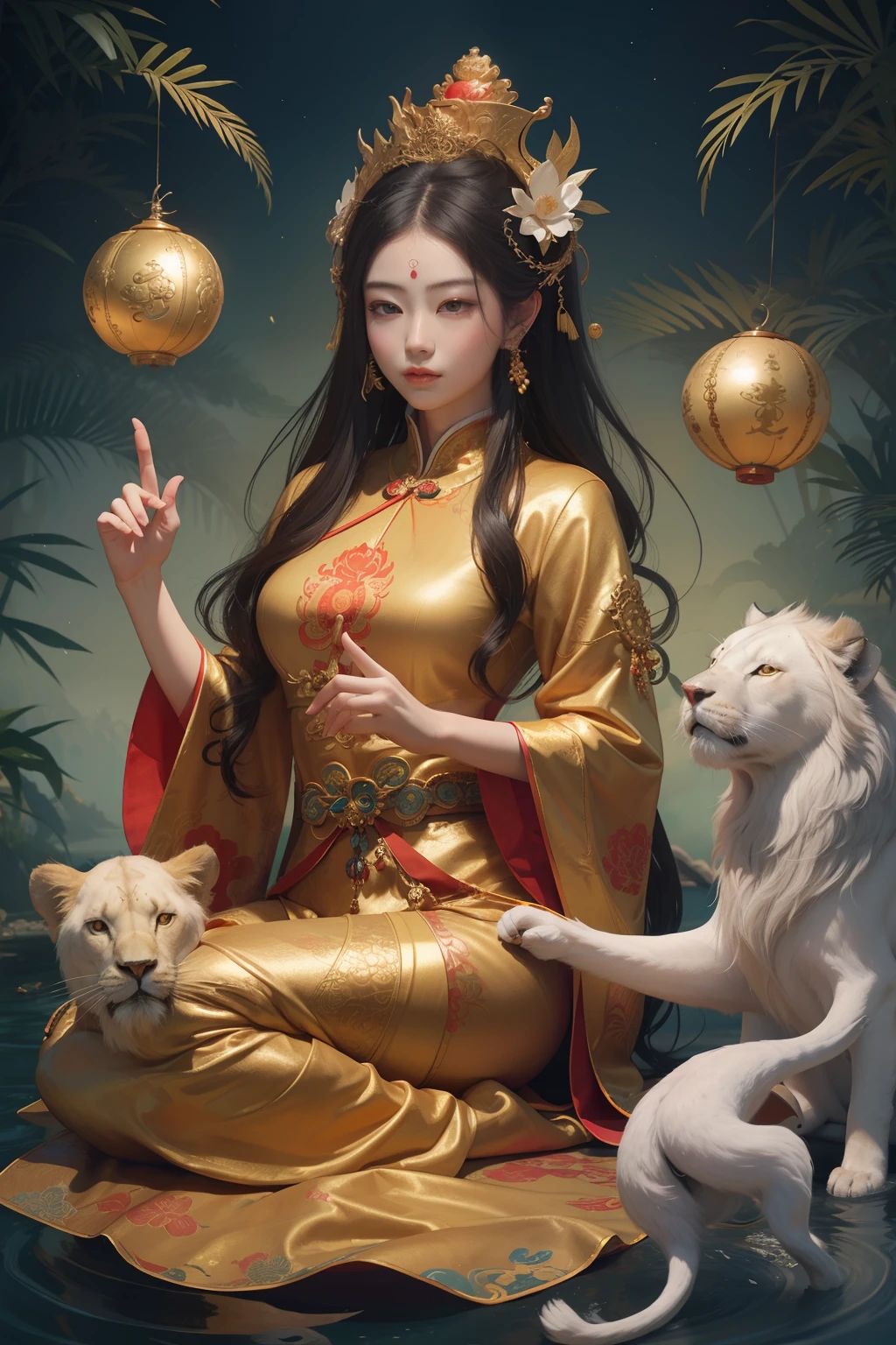 an ancient Chinese goddess, guanyin of the southern seas, Guanyin, Inspired by China, Avalokiteshvara rides a lion,,Serene expression,shui mo hua,Buddha,Buddhist,Lotus,Chinese painting style,Thangka style