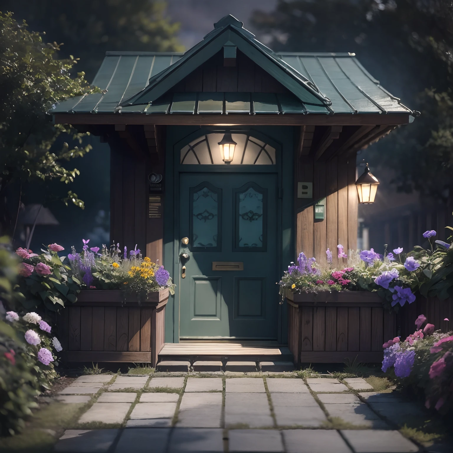 garden, fence, mailbox, letterbox, doorstep, door, front porch, porch, flower pots, pots, planter boxes, entryway, foyer, low stool, stool, garden bench, chair, butterflies, bees, flowers, water feature, wood hot tub, intricate background, stunning background, beautiful background, amazing background, no human, dark sky, dark night, dark theme,