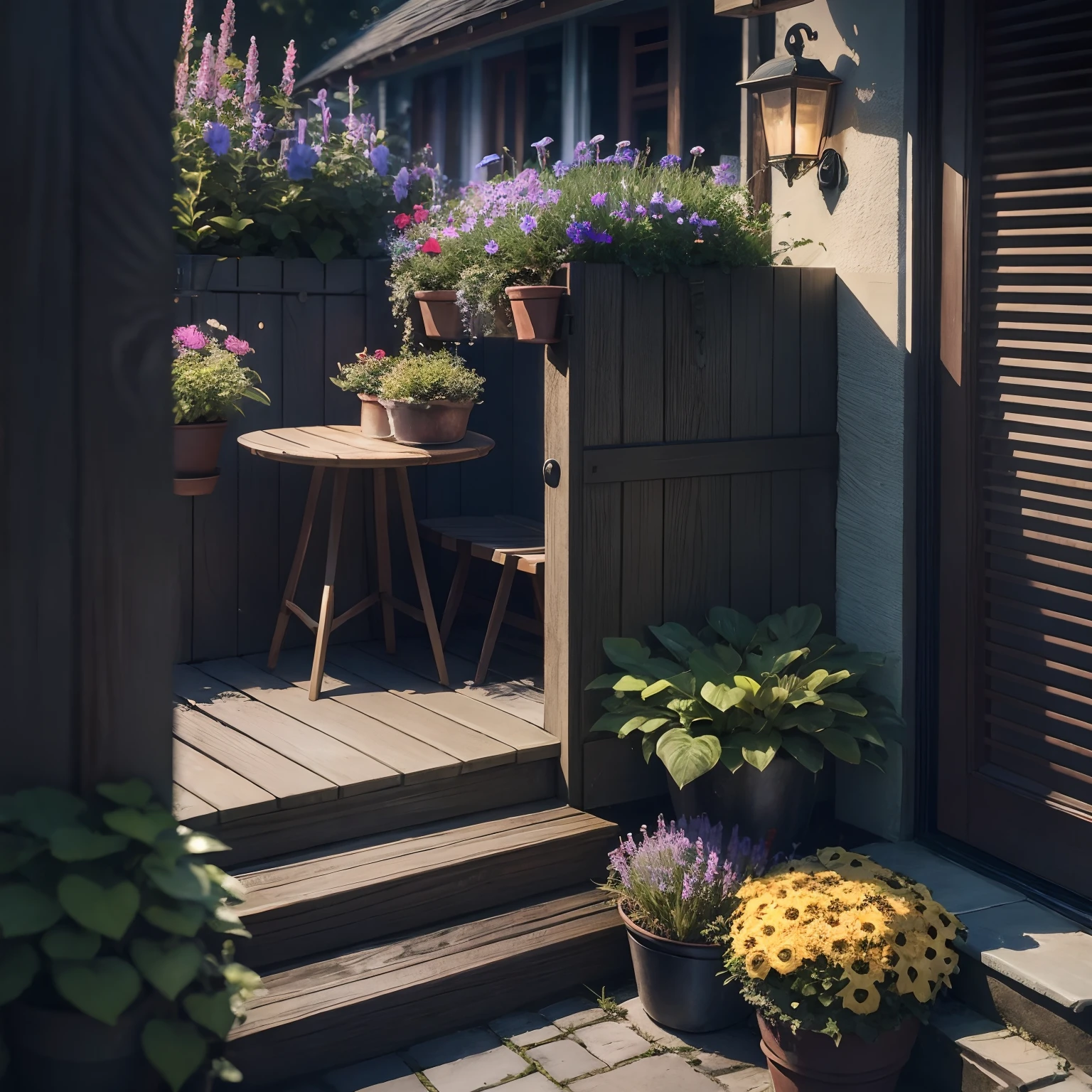 garden, fence, mailbox, letterbox, doorstep, door, front porch, porch, flower pots, pots, planter boxes, entryway, foyer, low stool, stool, garden bench, chair, butterflies, bees, flowers, water feature, wood hot tub, intricate background, stunning background, beautiful background, amazing background, no human, dark sky, dark night, dark theme,