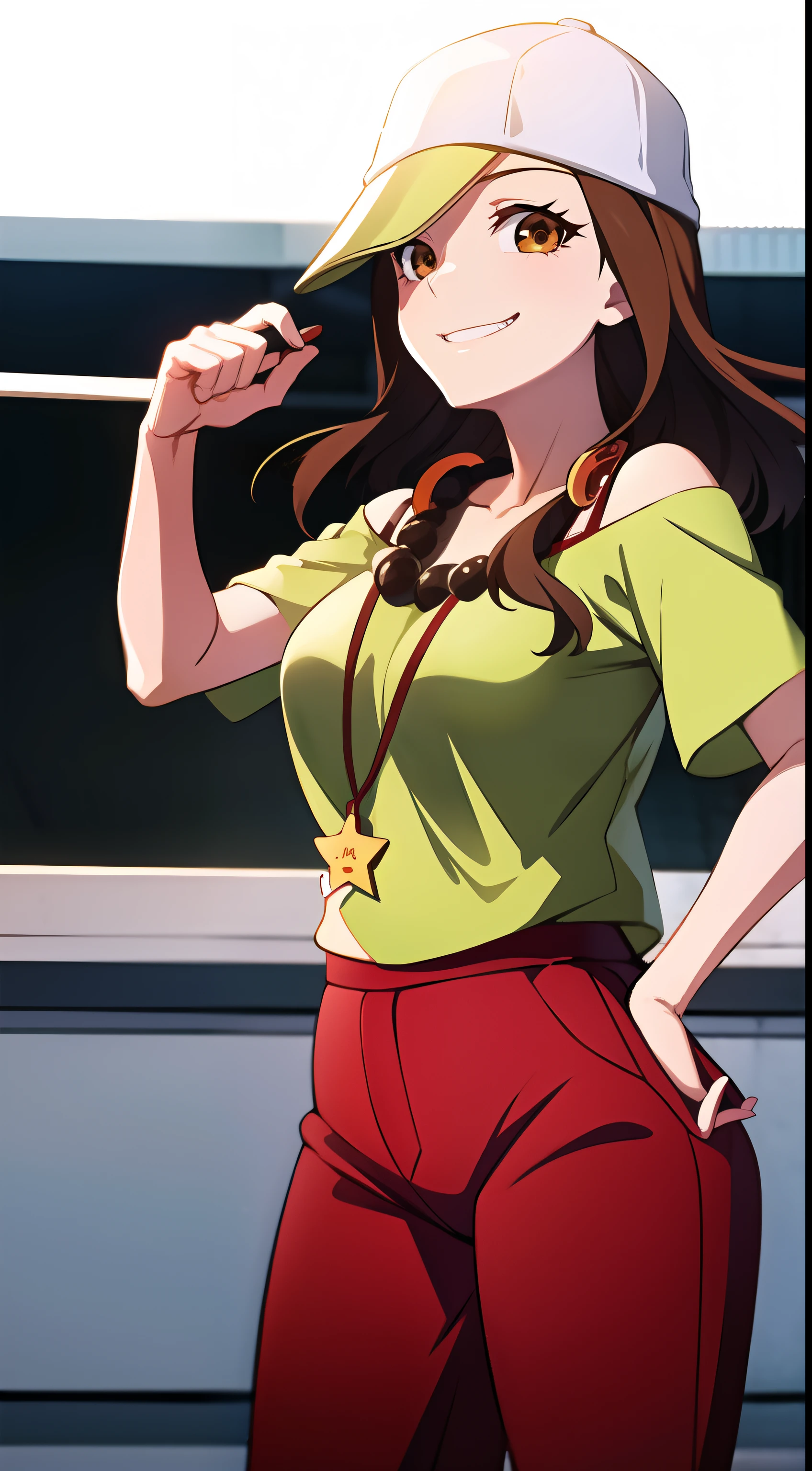 Gaen Izuko, masutepiece, Best Quality, 1girl in, Red pants, grin, Cowboy Shot