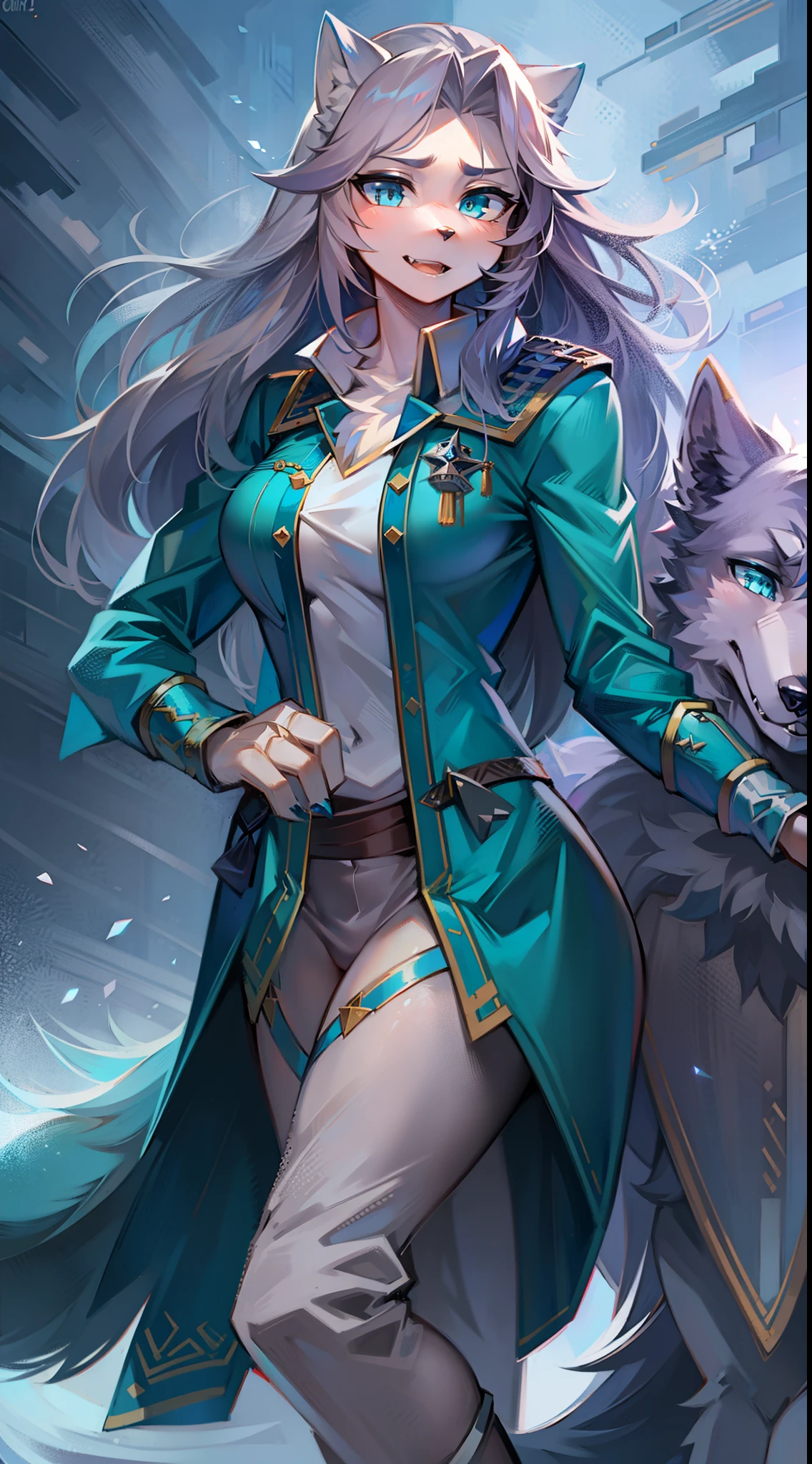Big-tailed wolf,grey long hair,blue color eyes,Captain dressed up,female