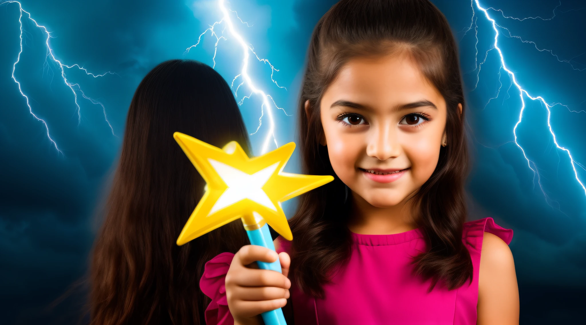 A closeup of a child girl in a dress holding a crayon, little girl with magical powers, she is attracting lightnings, splashes of lightning behind her, Professional studio lighting, lightning fantasy magic, magic lighting overlays, maya ali as a lightning mage, with lightning bolts, with lightning bolts, efeitos de raios, eletrizante, magic and lightning, lightnings