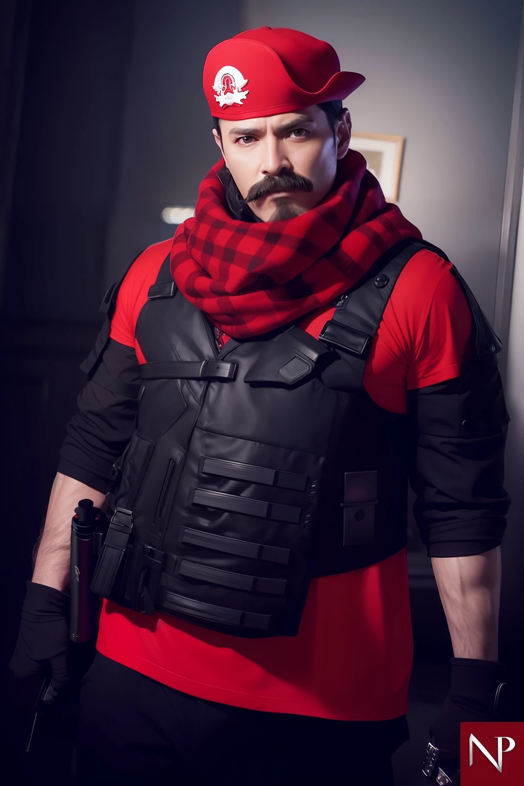 Man in red shirt and black vest with red hat and red scarf, drdisrespect posing as napoleon, como personagem de overwatch, drdisrespect as napoleon, model is wearing techtical vest, Como um personagem de Overwatch, Retrato no meio da foto, foto de retrato em close-up, inspirado em Oka Yasutomo, inspirado em Jang Seung-eop, pronto para o combate
