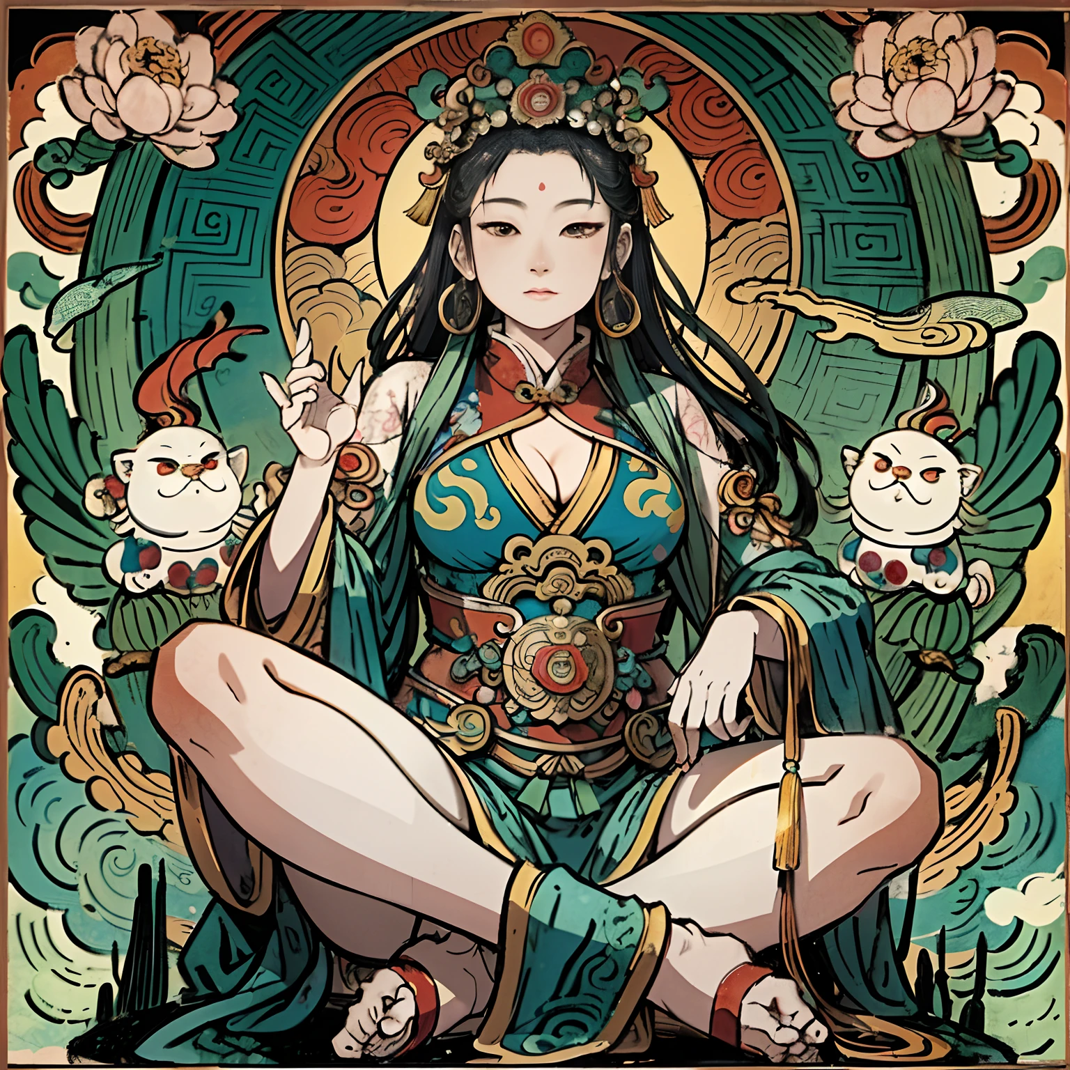 an ancient Chinese goddess, guanyin of the southern seas, Guanyin, Inspired by India, Avalokiteshvara rides a lion,,Serene expression,shui mo hua,Buddha,Buddhist,Lotus,Chinese painting style,Thangka style