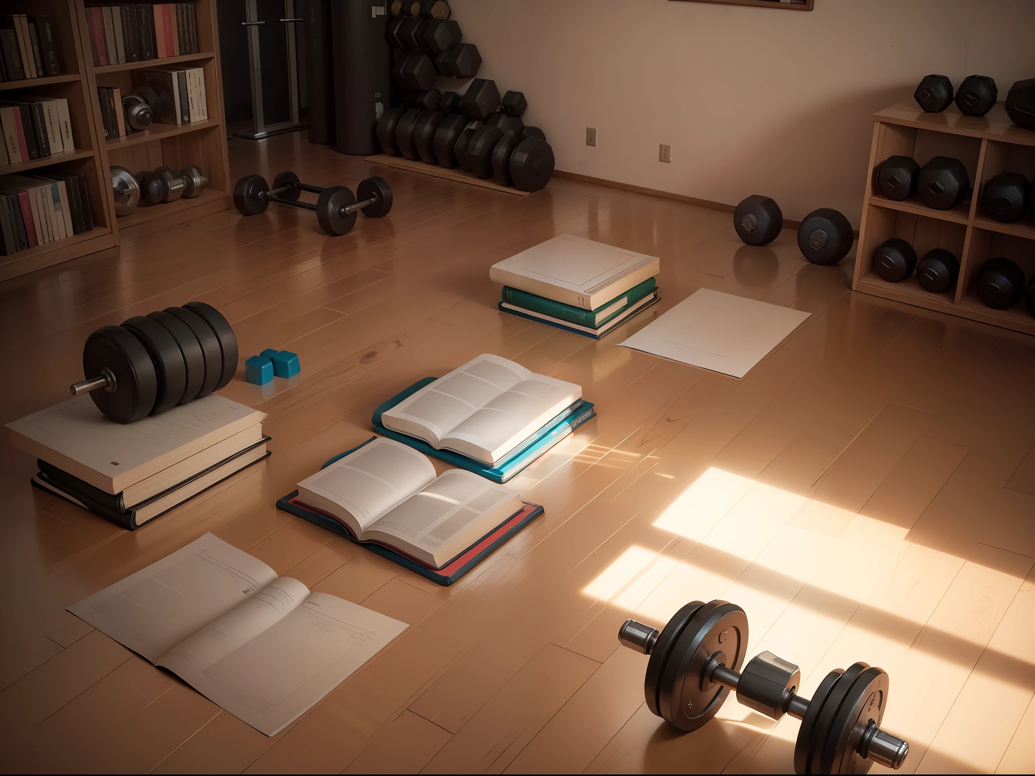 Uma sala escura, com muitos pesos, dumbbells and weight training equipment strewn across the floor and books strewn across the table