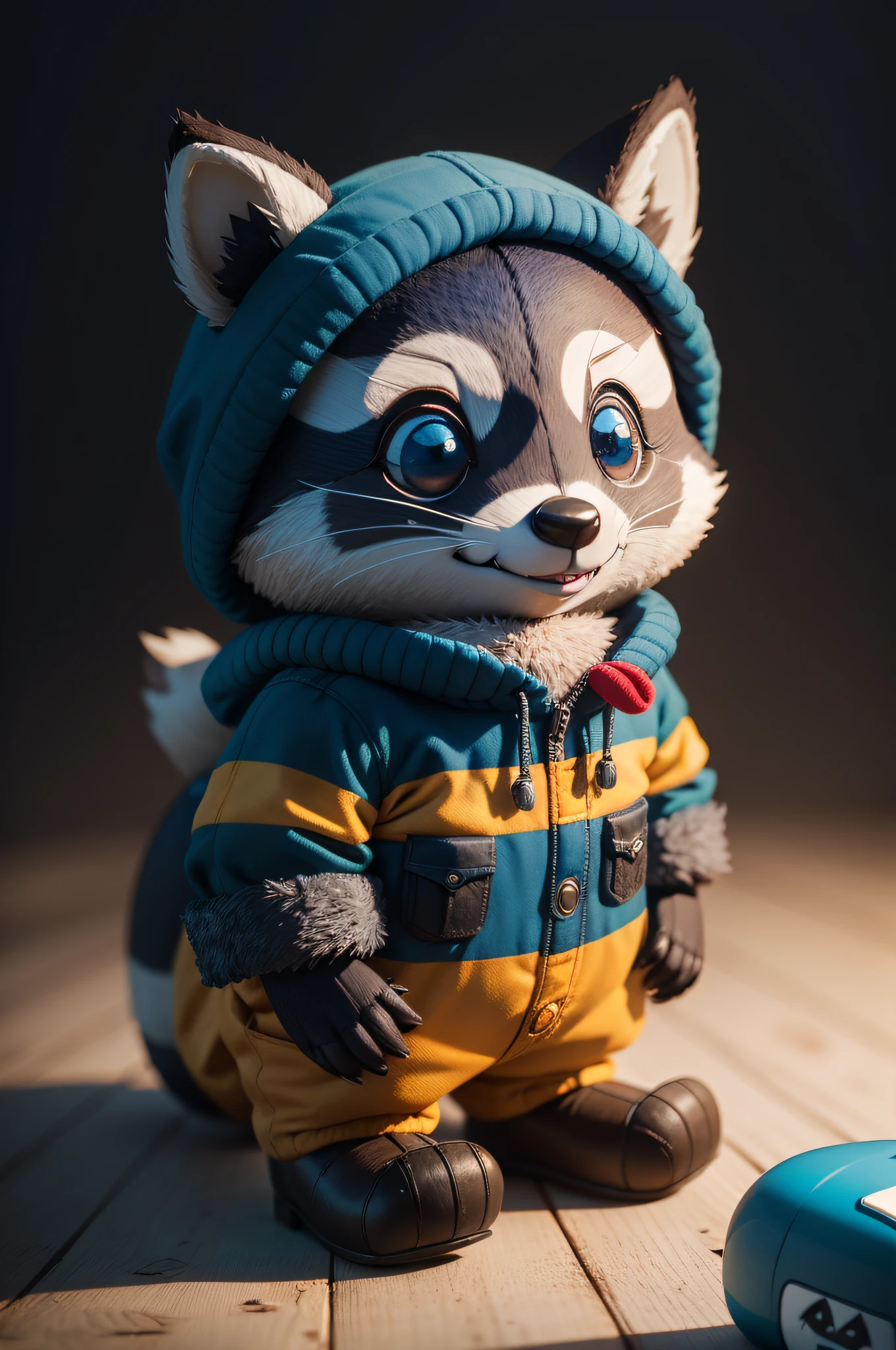 stuffed raccoon Rocky Racon, moletom azul, Pescador, sorrindo, alegre, amigavel 4k