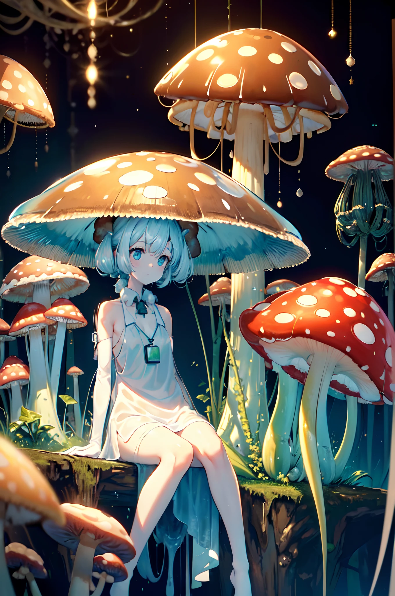 top quality, masterpiece, finely detail, very delicate 8k wallpaper, beautiful slime girl, (white camisole dress), pale skin, (Gray medium hair), (Artificial lifeforms soaked in formalin in a cylindrical tank in the background), (Expressionless), (looking away), flat chest, (sitting, wariza), collar with tag, (bare_limbs:1.4), (number tattoo on shoulder), Biotechnology, (biopunk:1.5), (lots of giant mushrooms), (Slime-like translucent limbs), Scattered research materials, Research facility, eating mushrooms,