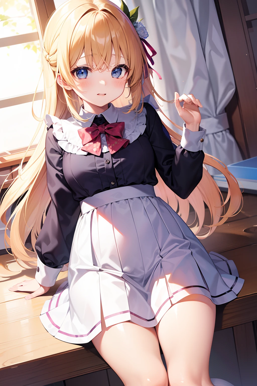 ((highest quality、High resolution、masterpiece))、Blonde、Cosplayer Beautiful Girl、Embarrassed face、((She lifts her skirt to show her pussy))、Love juice、I'm tempting you、I'm inviting you to have sex