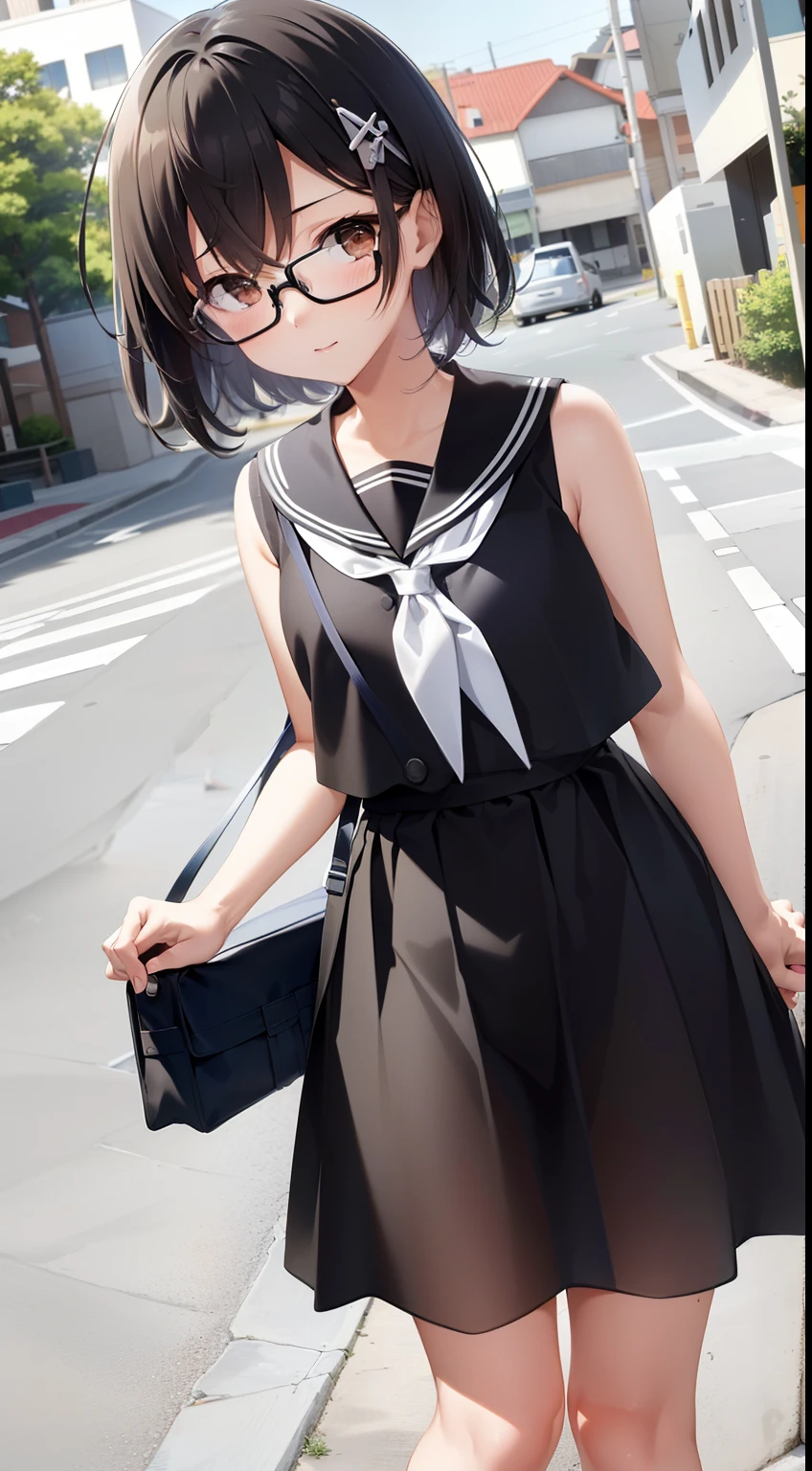 (masutepiece, Best Quality, Capture super cute moments, depth of fields, ultra-detailliert, Ultra High Resolution, C4D, Octadale, 3D Modeling, 8K, 16 K, girl with、a junior high school student、A dark-haired、short-hair、straight haired、Light brown eyes、hair adornments、wearing black glasses、cute face)、Sleeveless and see-through sailor suit、lowfers、satchel