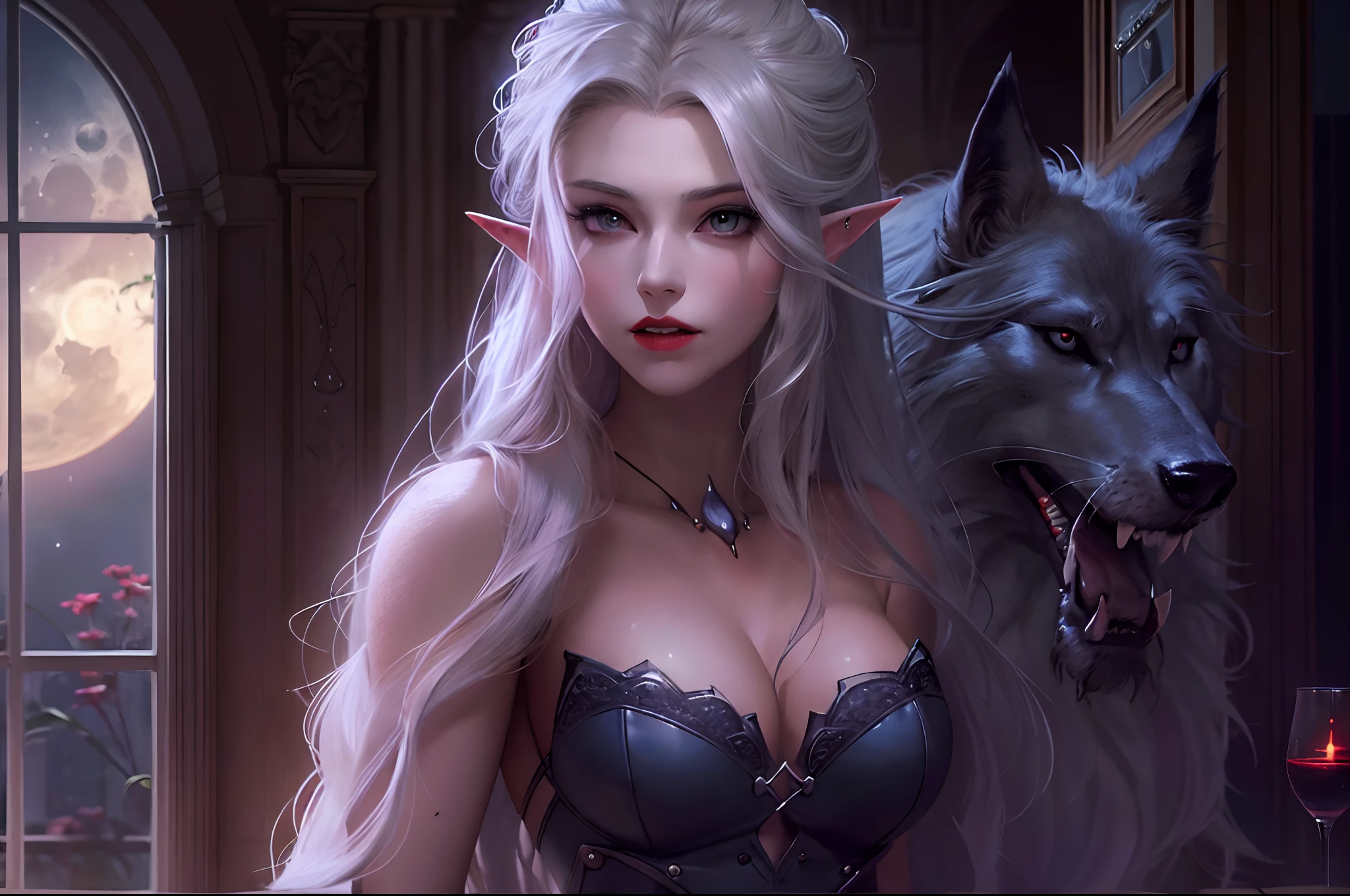 a picture of vampire elf in her castle and her pet wolf, an exquisite beautiful female elf vampire (ultra detailed, Masterpiece, best quality), full body, ultra detailed face (ultra detailed, Masterpiece, best quality), grey skin, blond hair, hair in a ponytail, long hair, blue eyes, cold eyes, glowing eyes, intense, eyes small pointed ears, smirking, smile with drops of blood on face (ultra detailed, Masterpiece, best quality), dark red lips, [vampire fangs], wearing white dress (ultra detailed, Masterpiece, best quality), dark blue cloak, high heeled boots in dark fantasy library, with an big grey wolf (Masterpiece, best quality) book shelves, high details, best quality, 8k, [ultra detailed], masterpiece, best quality, (ultra detailed), full body, ultra wide shot, photorealism, RAW, dark fantasy art, moon light coming through the window, moon rays, gothic art, sense of dread, sense of seduction