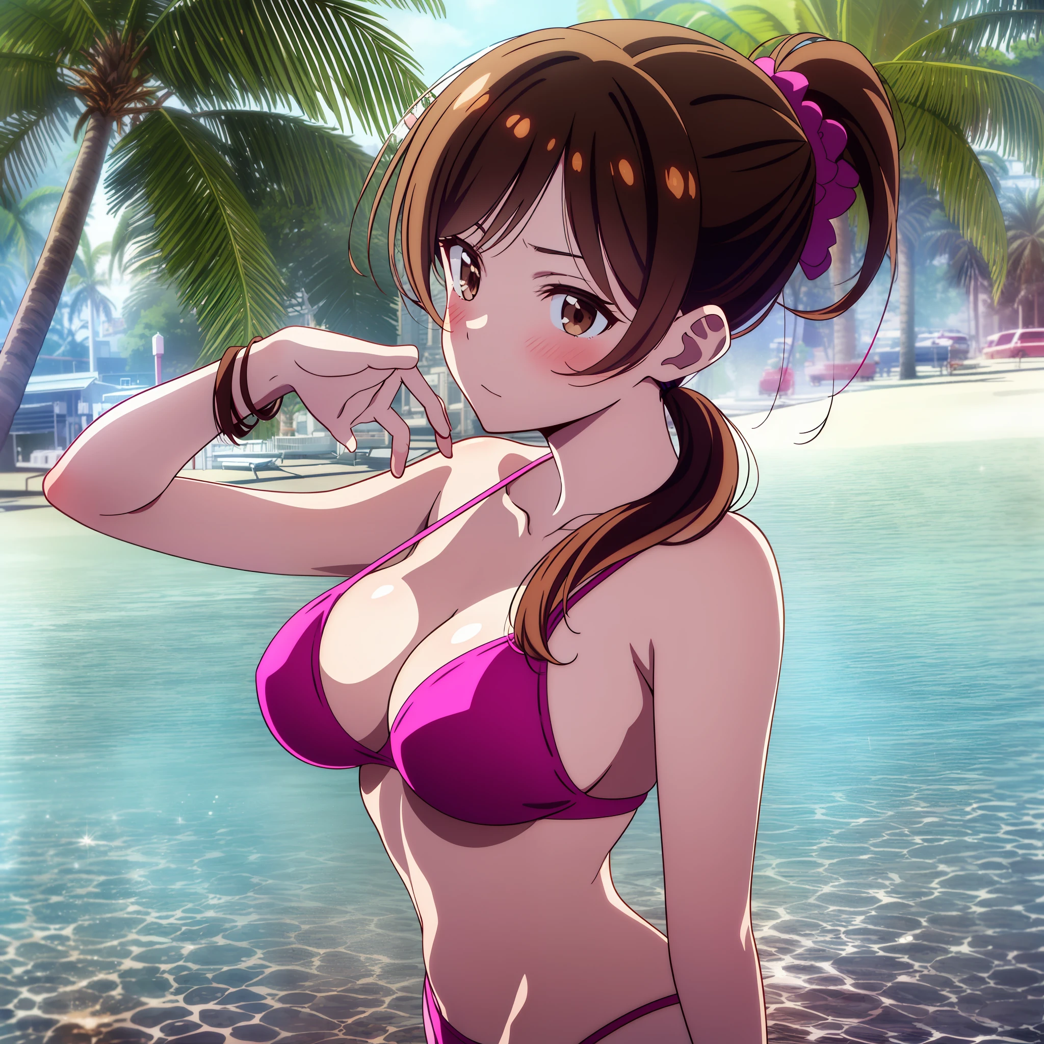 chizuru, chizuru mizuhara, waist-length chestnut-brown hair, light brown eyes, a small ponytail hanging on the back, big breasts, pink bikini, ocean view, ocean background, coconut trees