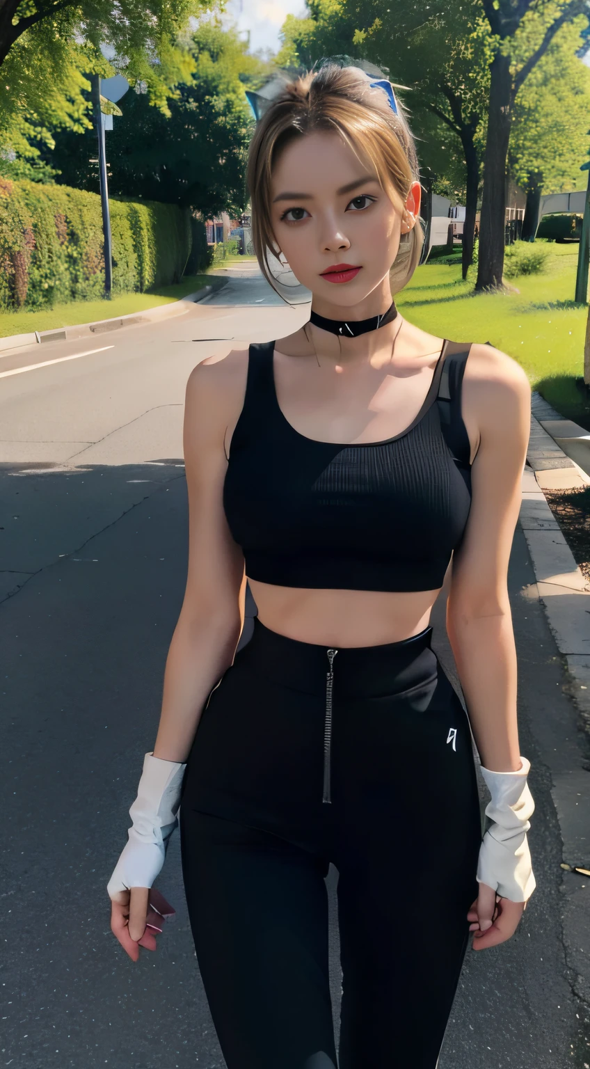 Masterpiece, Best quality, A high resolution, 1girll, cammy white, Short hair, Antenna hair, Blue eyes, scar on the cheek, Large breasts, Black choker, 鎖骨, Sports bra, midriff, Fingerless gloves, Black gloves, Black pants, standing, Cowboy shot, Outdoors, arms at sides, straight-on,