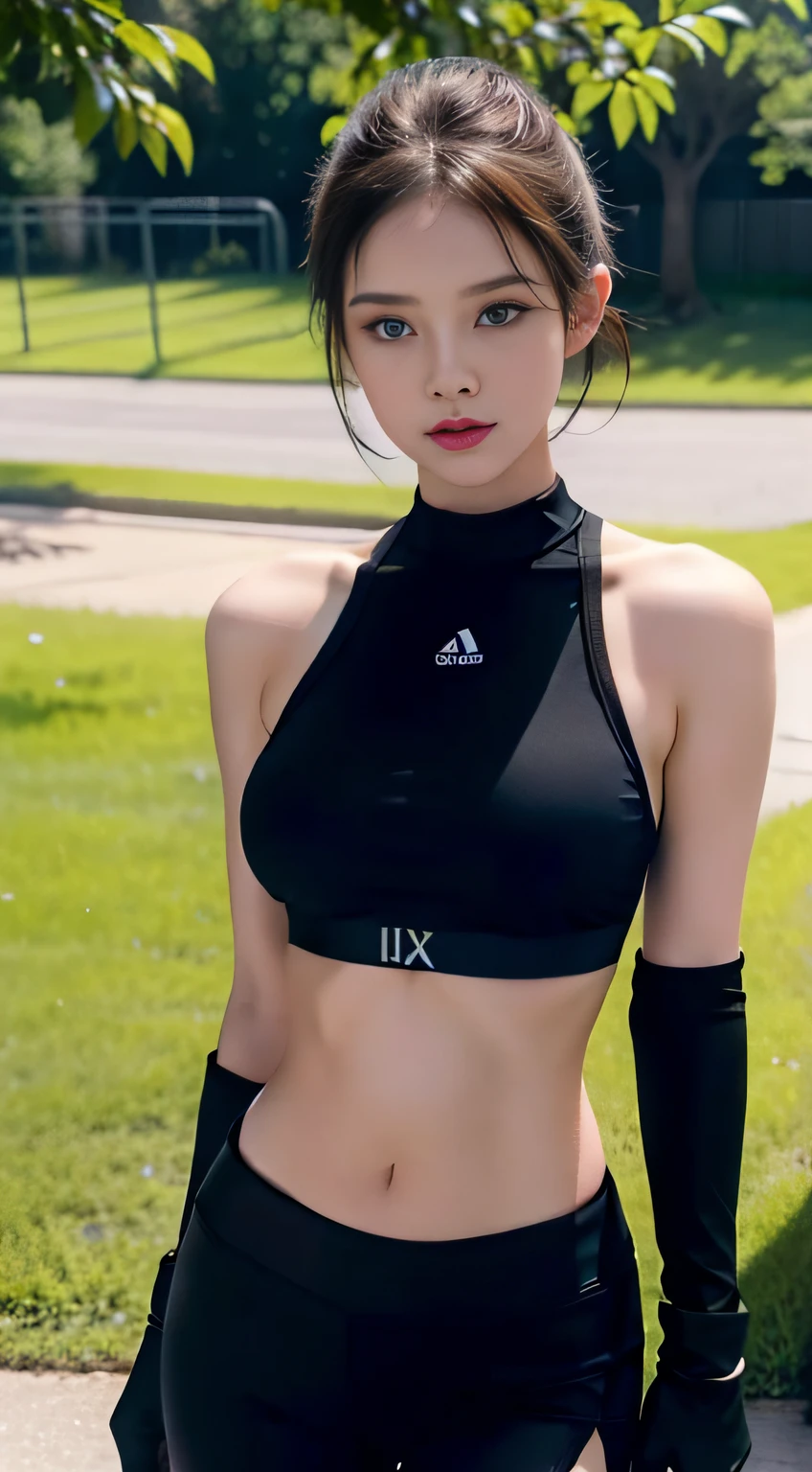 Masterpiece, Best quality, A high resolution, 1girll, cammy white, Short hair, Antenna hair, Blue eyes, scar on the cheek, Large breasts, Black choker, 鎖骨, Sports bra, midriff, Fingerless gloves, Black gloves, Black pants, standing, Cowboy shot, Outdoors, arms at sides, straight-on,