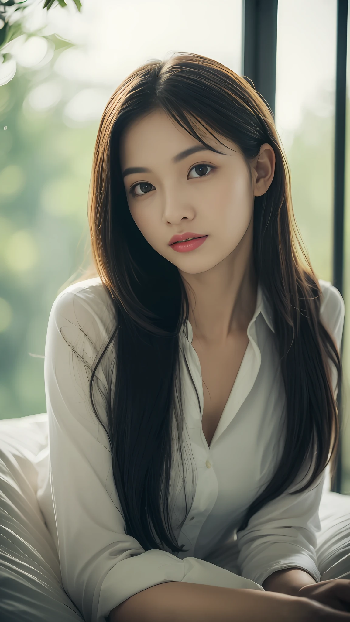 ((best qualtiy, 8k, tmasterpiece:1.3)), A pretty maiden，Pure，Melon seed face，gentle and cute，Thin stature，(frontage)，(Tilt your head)，staring right into camera，uniform, obi, formal，Black silky long, straight hair，Long hair flowing over the shoulders，round black big eyes，clear big eyes，Hydrated red lips，sweet，sit on a bed，rays of sunshine，Window background，full bodyesbian